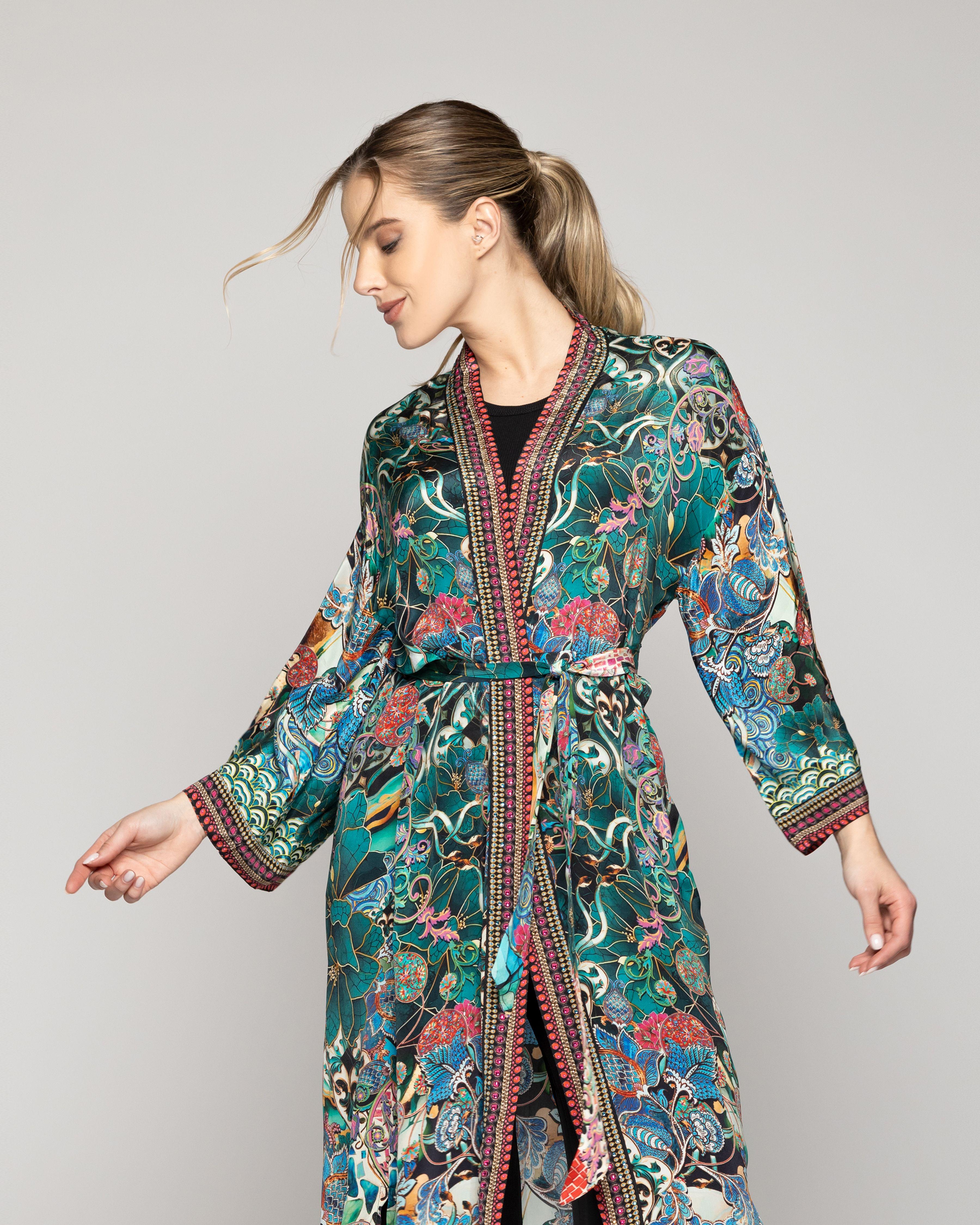 Tapado Mujer Kimono Debora Estampado Floral Verde Jade Lineatre-0