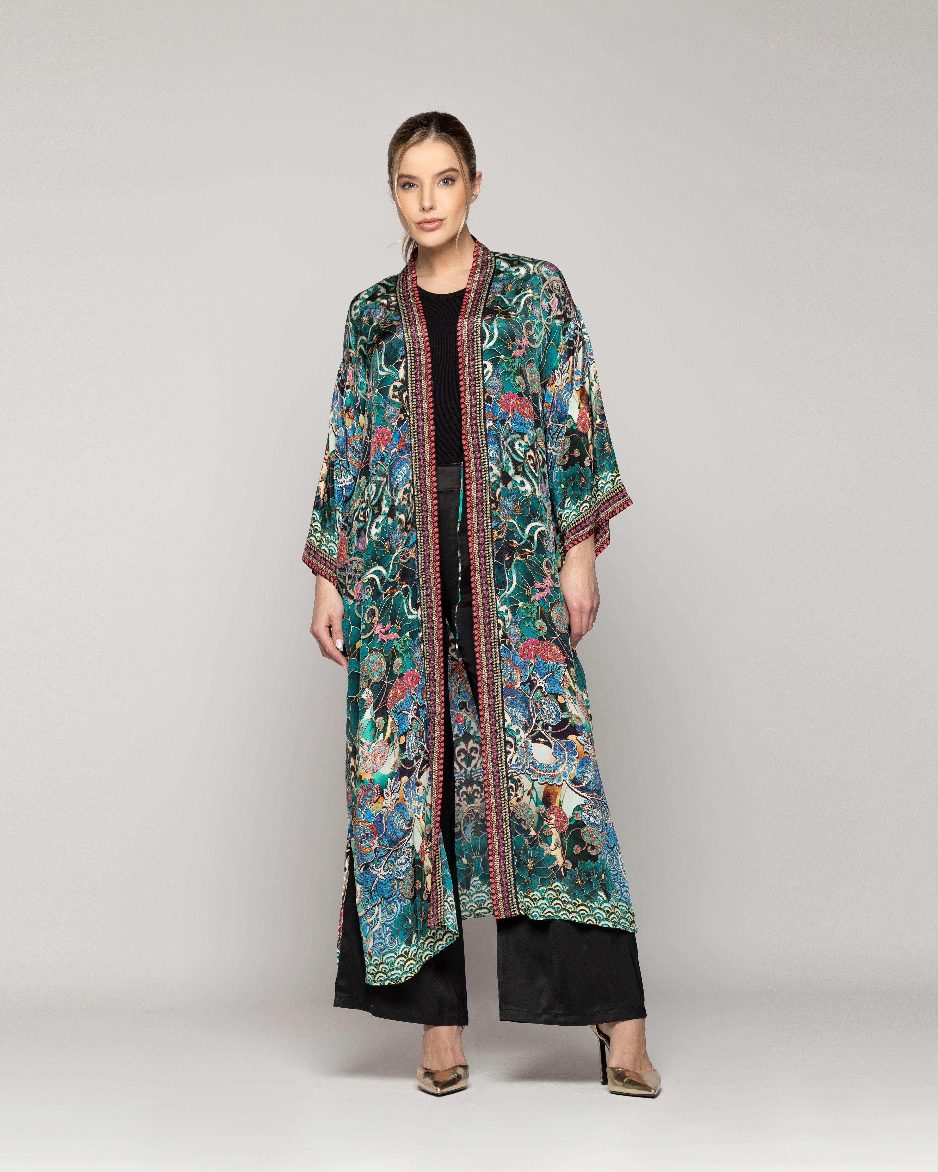 Tapado Mujer Kimono Debora Estampado Floral Verde Jade Lineatre-1
