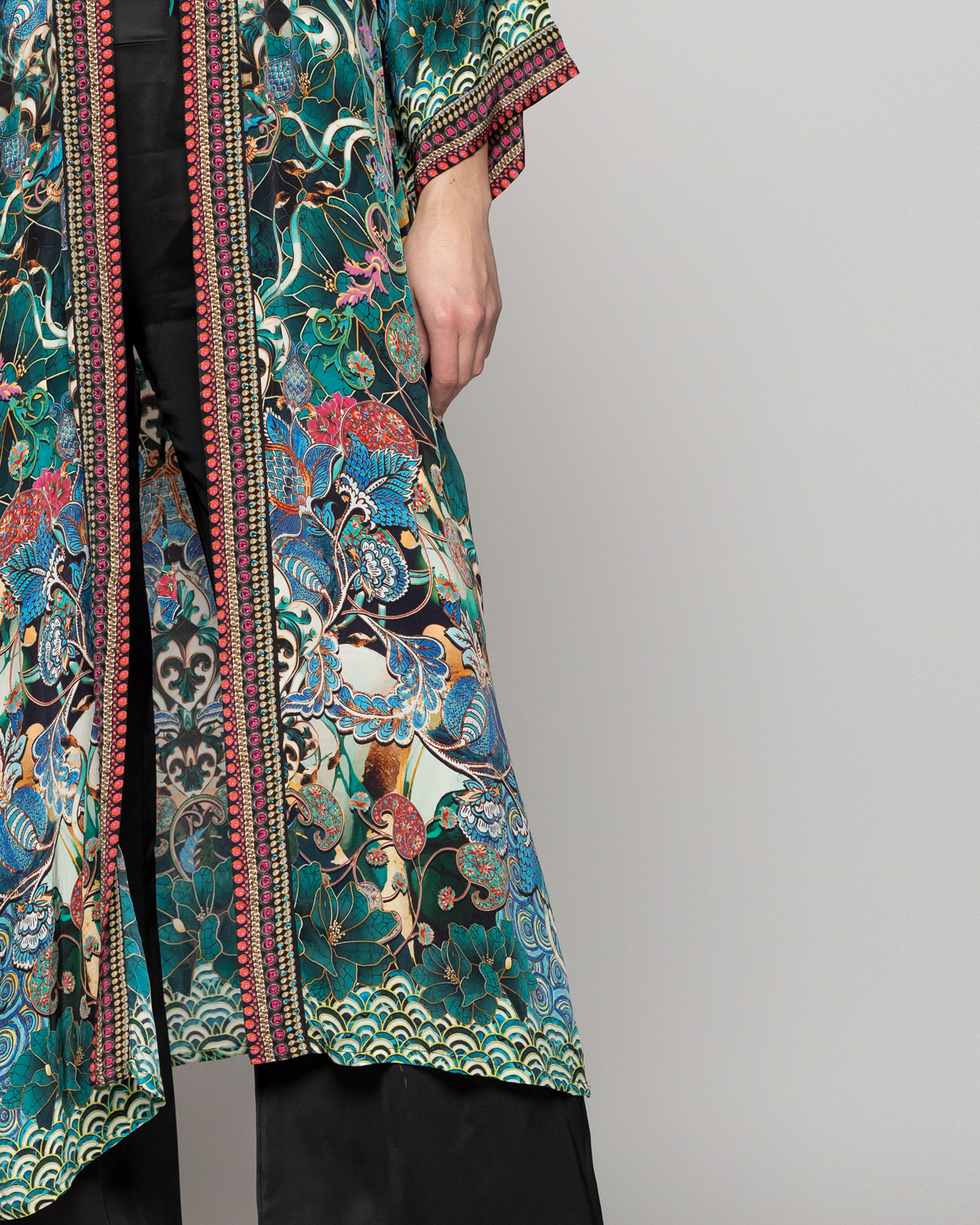 Tapado Mujer Kimono Debora Estampado Floral Verde Jade Lineatre-2