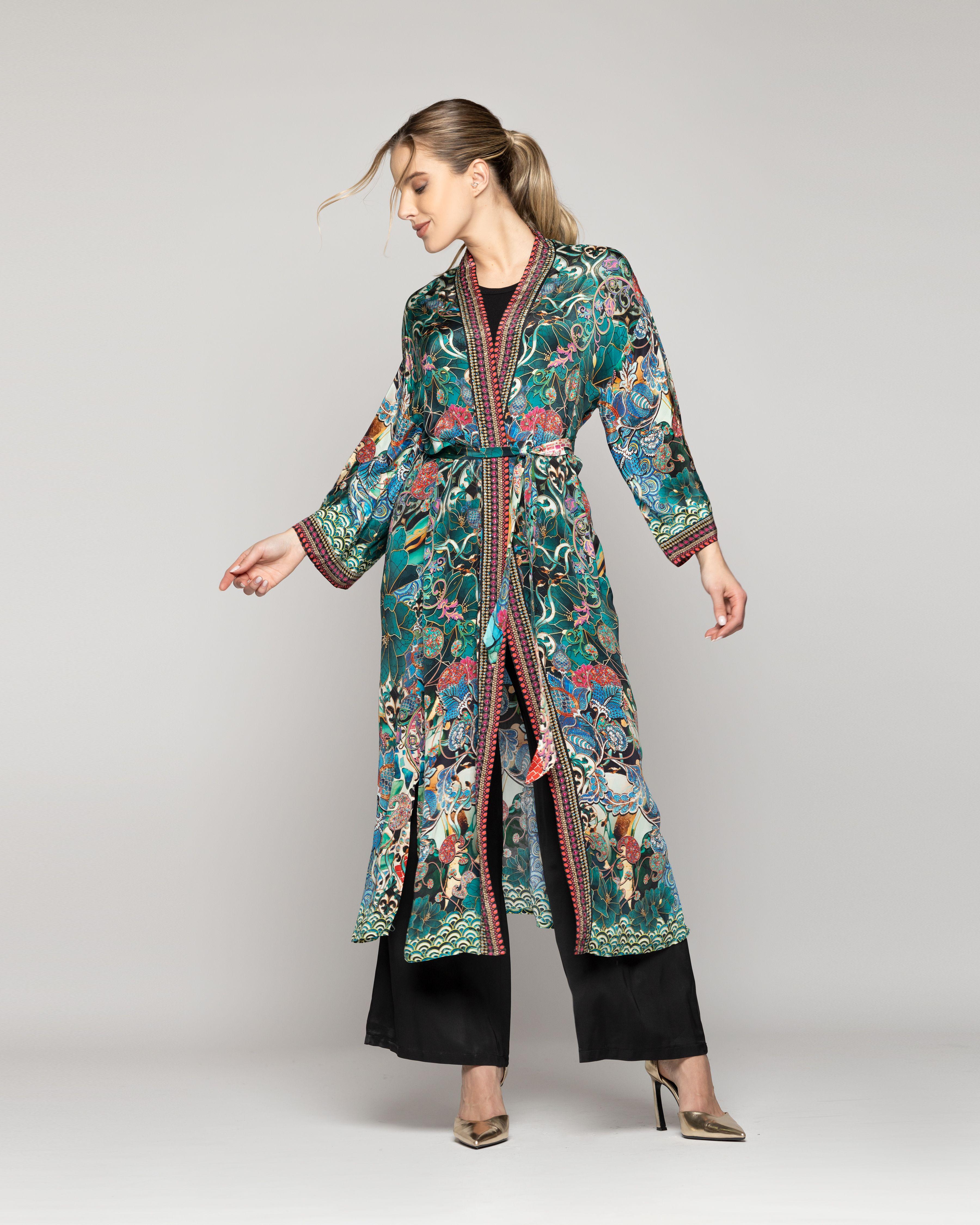 Tapado Mujer Kimono Debora Estampado Floral Verde Jade Lineatre-3