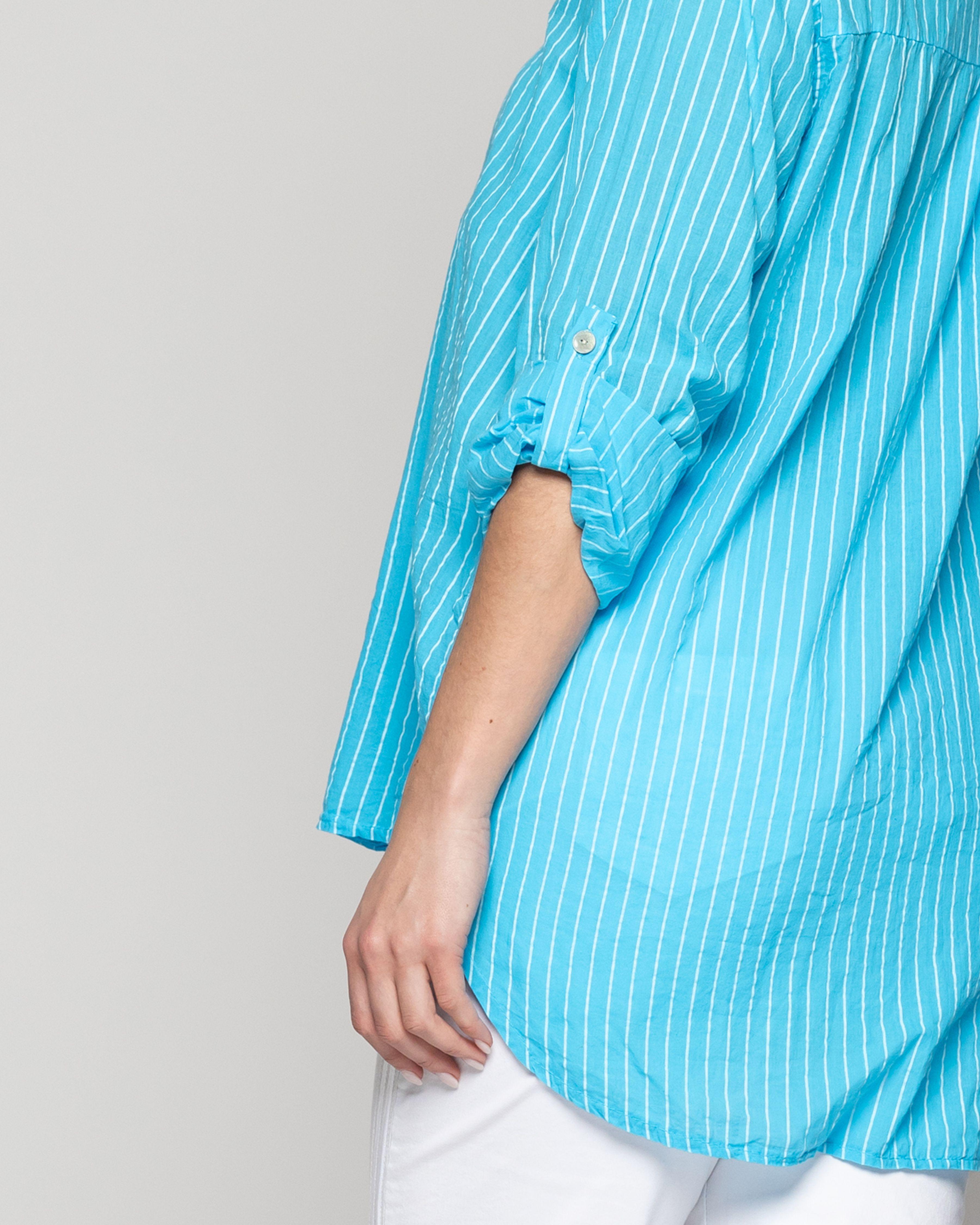 Blusa Mujer Betsabe de Algodón Manga Larga Con Rayas Verde Turquesa Lineatre-2