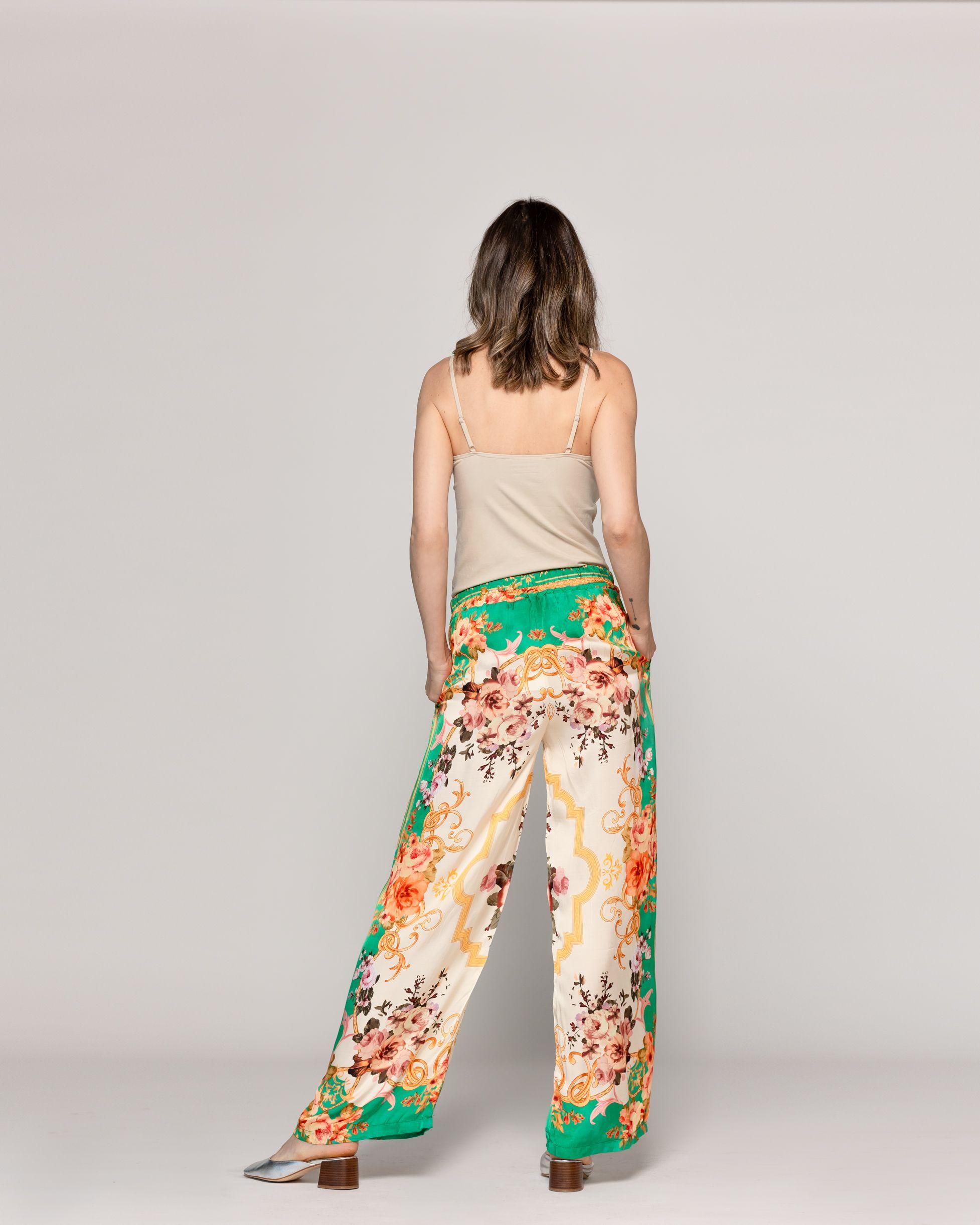 Pantalón Mujer Brenna Satinado Estampado Barroco Verde Lineatre-2