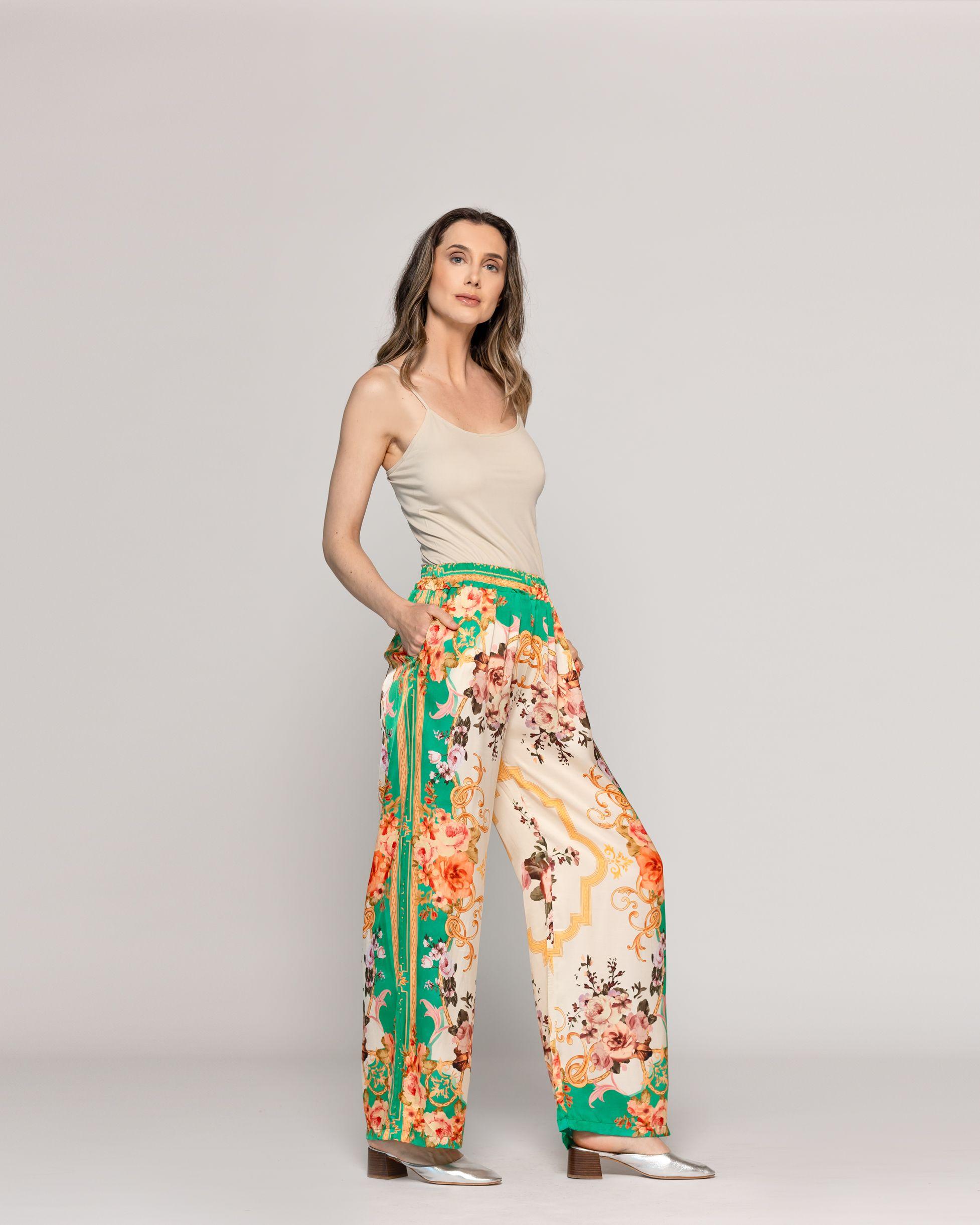 Pantalón Mujer Brenna Satinado Estampado Barroco Verde Lineatre-4
