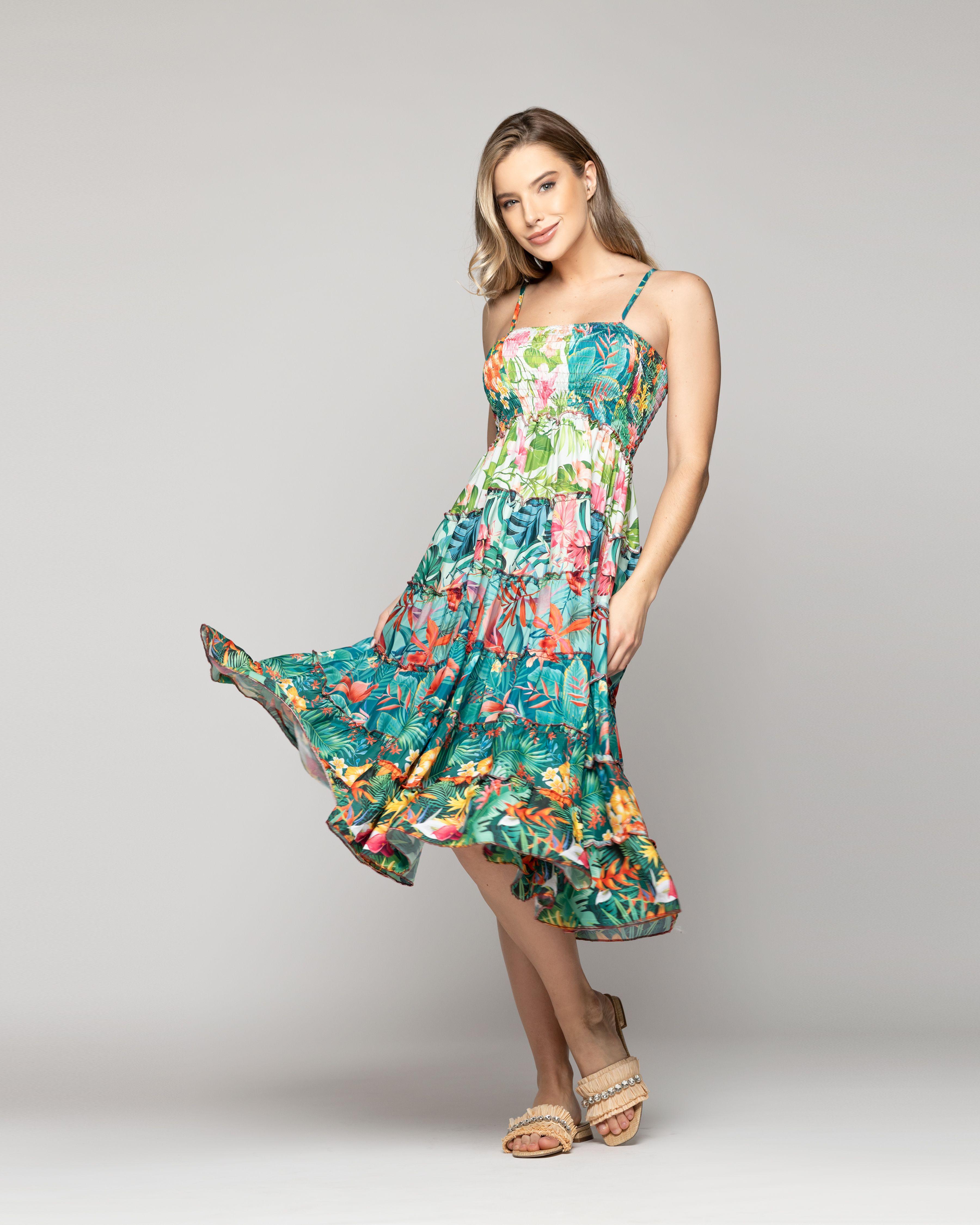 Vestido Mujer Velinda Con Vuelos Y Elasticado Estampado Tropical Verde Lineatre-1