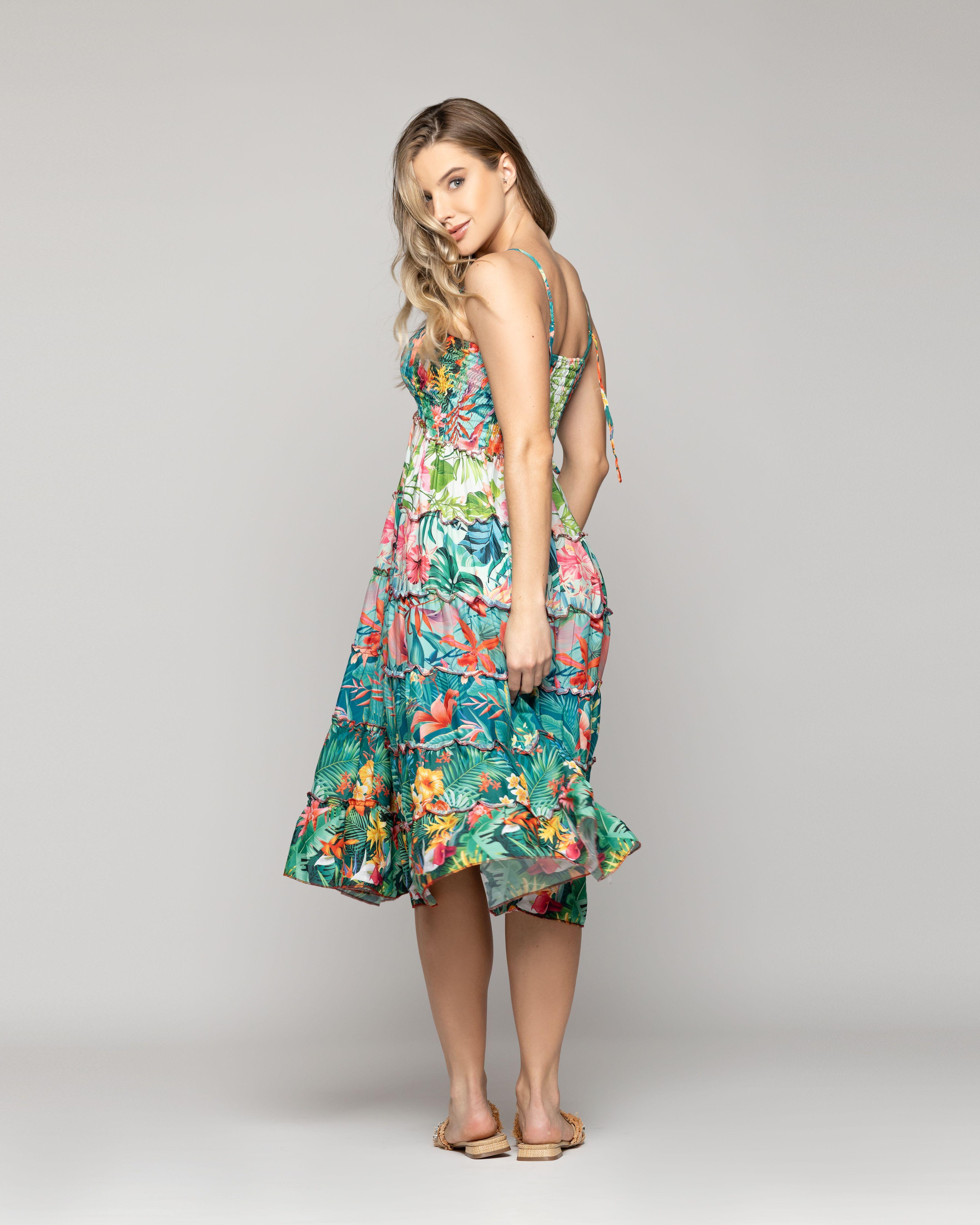 Vestido Mujer Velinda Con Vuelos Y Elasticado Estampado Tropical Verde Lineatre-3
