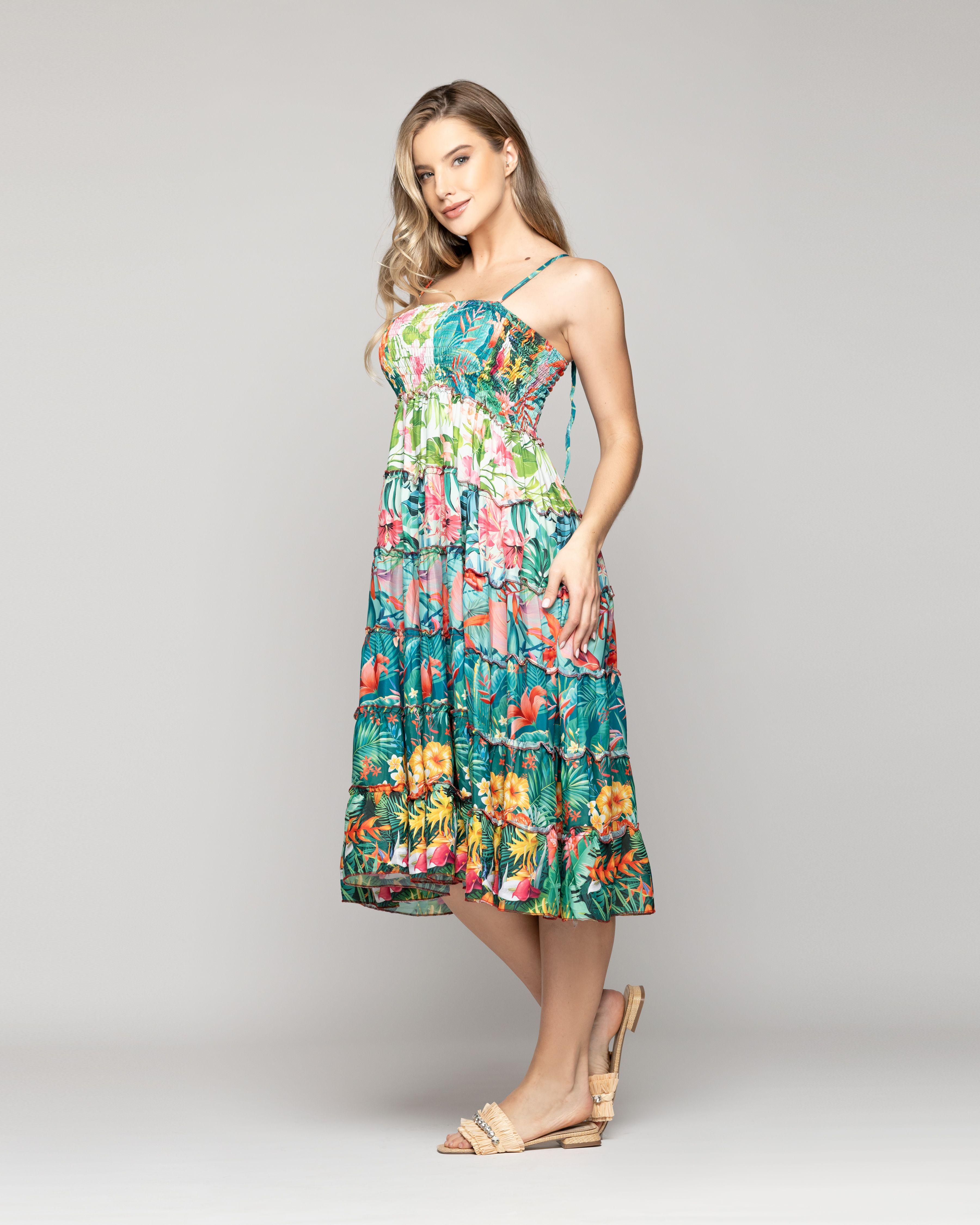Vestido Mujer Velinda Con Vuelos Y Elasticado Estampado Tropical Verde Lineatre-4