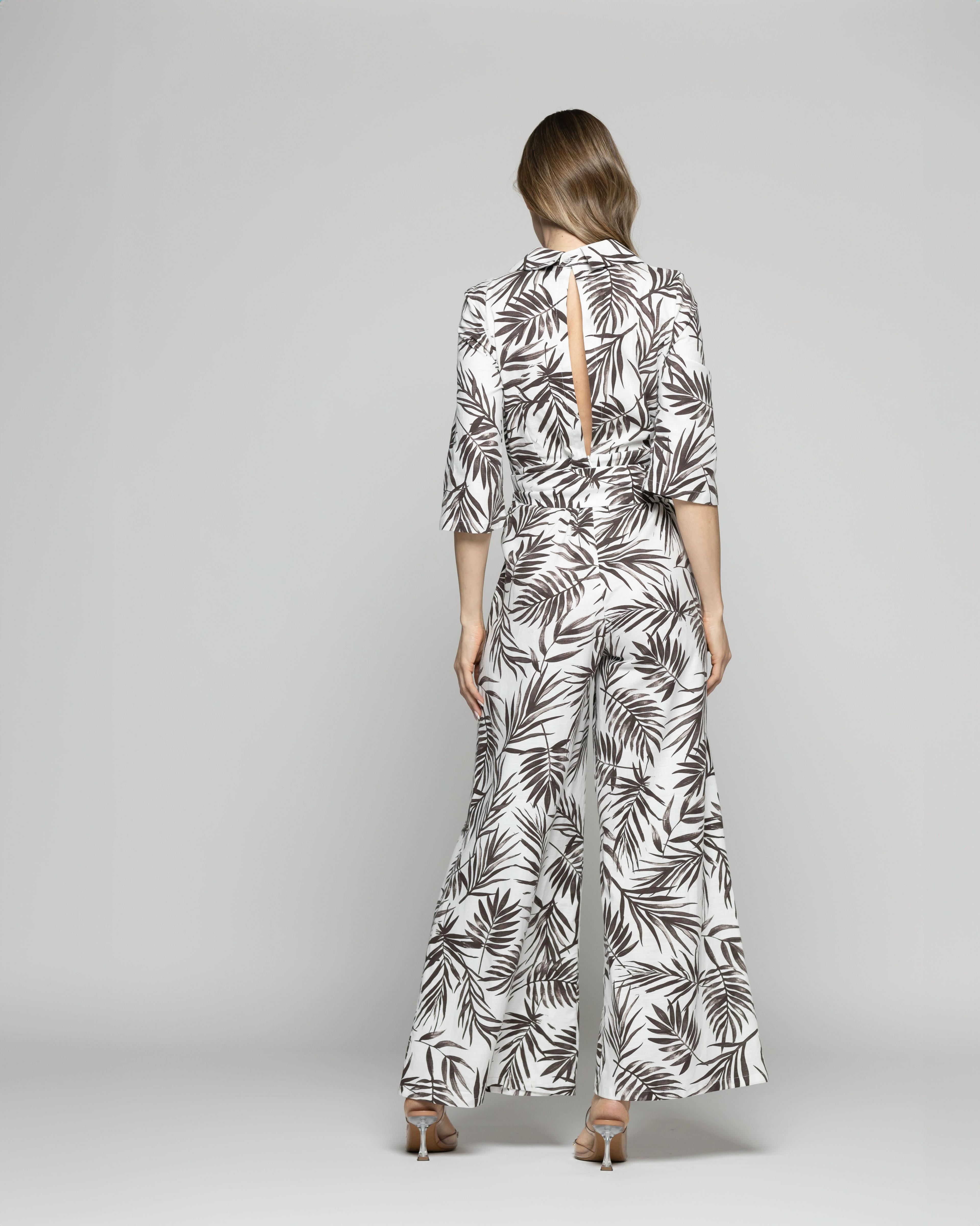 Enterito Mujer Amarilis Escote Cruzado Manga 3/4 Estampado Hojas Blanco Y Café Ludovica-4