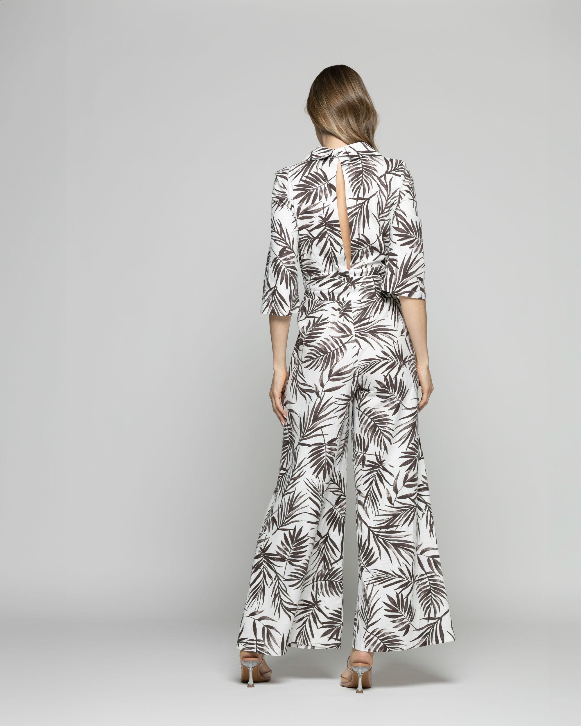 Enterito Mujer Amarilis Escote Cruzado Manga 3/4 Estampado Hojas Blanco Y Café Ludovica-5