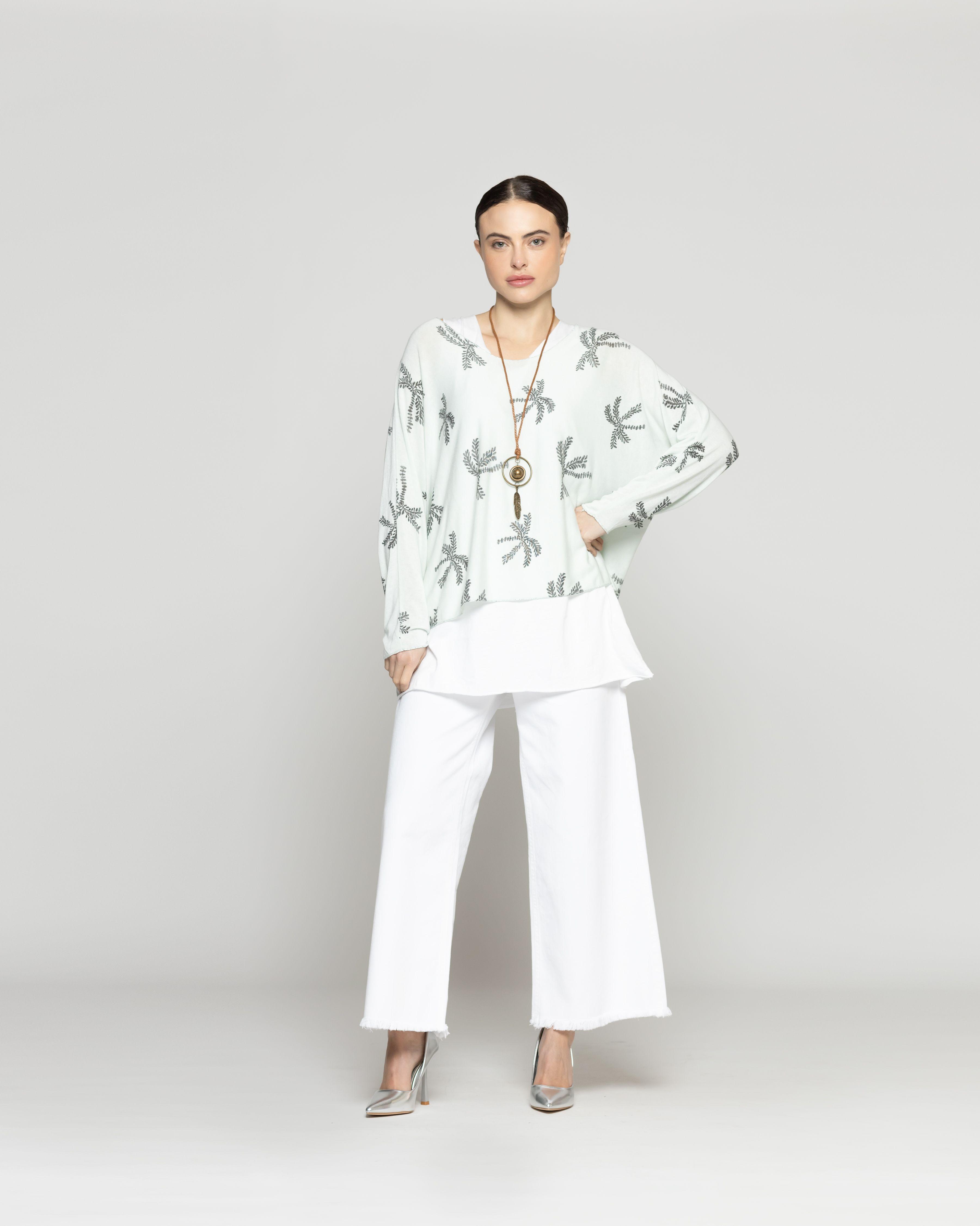 Polera Mujer Oriana Estampado Hojas Verde Agua Lineatre-4