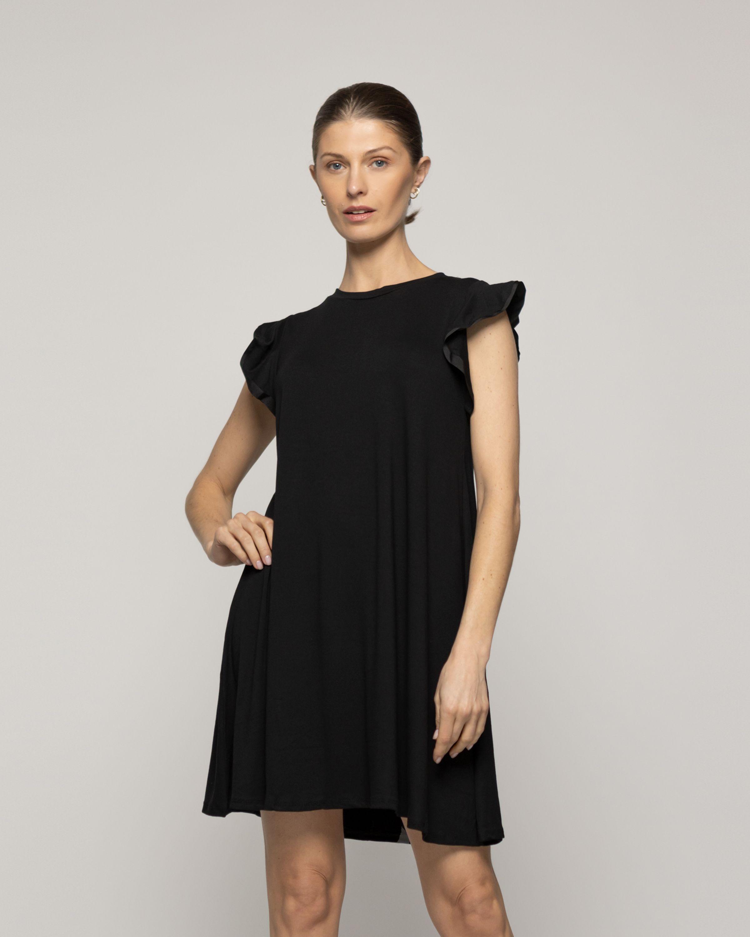 Vestido Mujer Venecia Manga Corta Con Vuelos Negro Lineatre-0