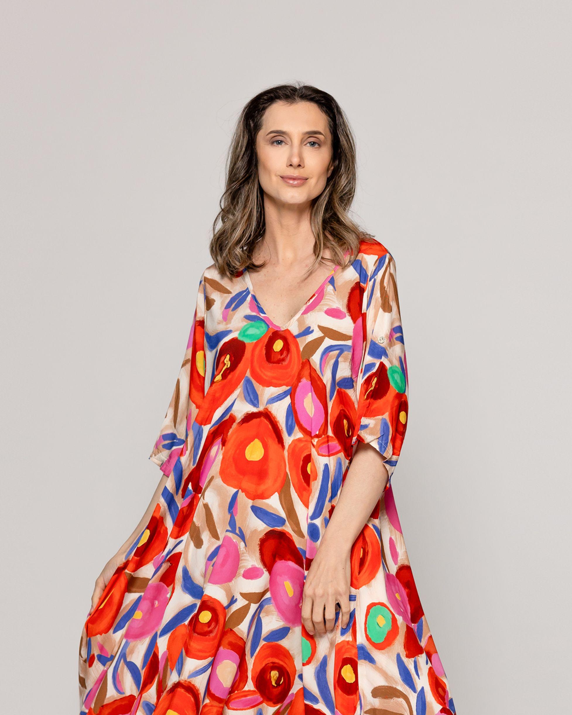 Vestido Mujer Vincenza  Largo Manga Corta Estampado Rojo Lineatre-0