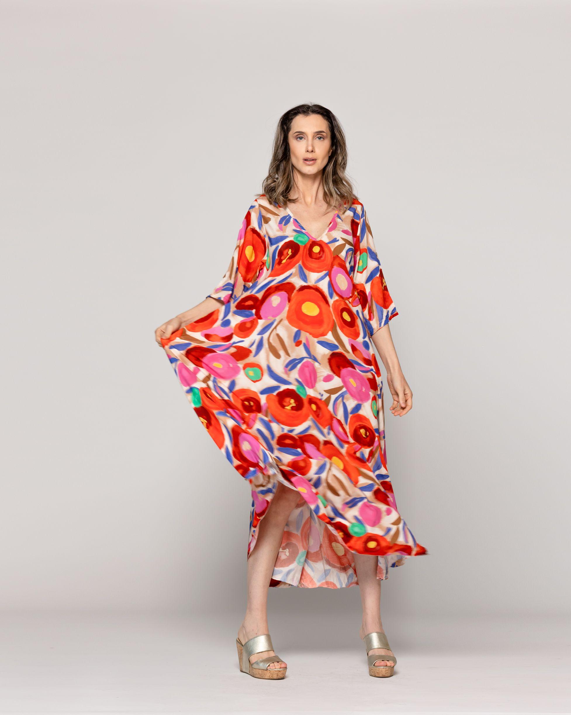 Vestido Mujer Vincenza  Largo Manga Corta Estampado Rojo Lineatre-1