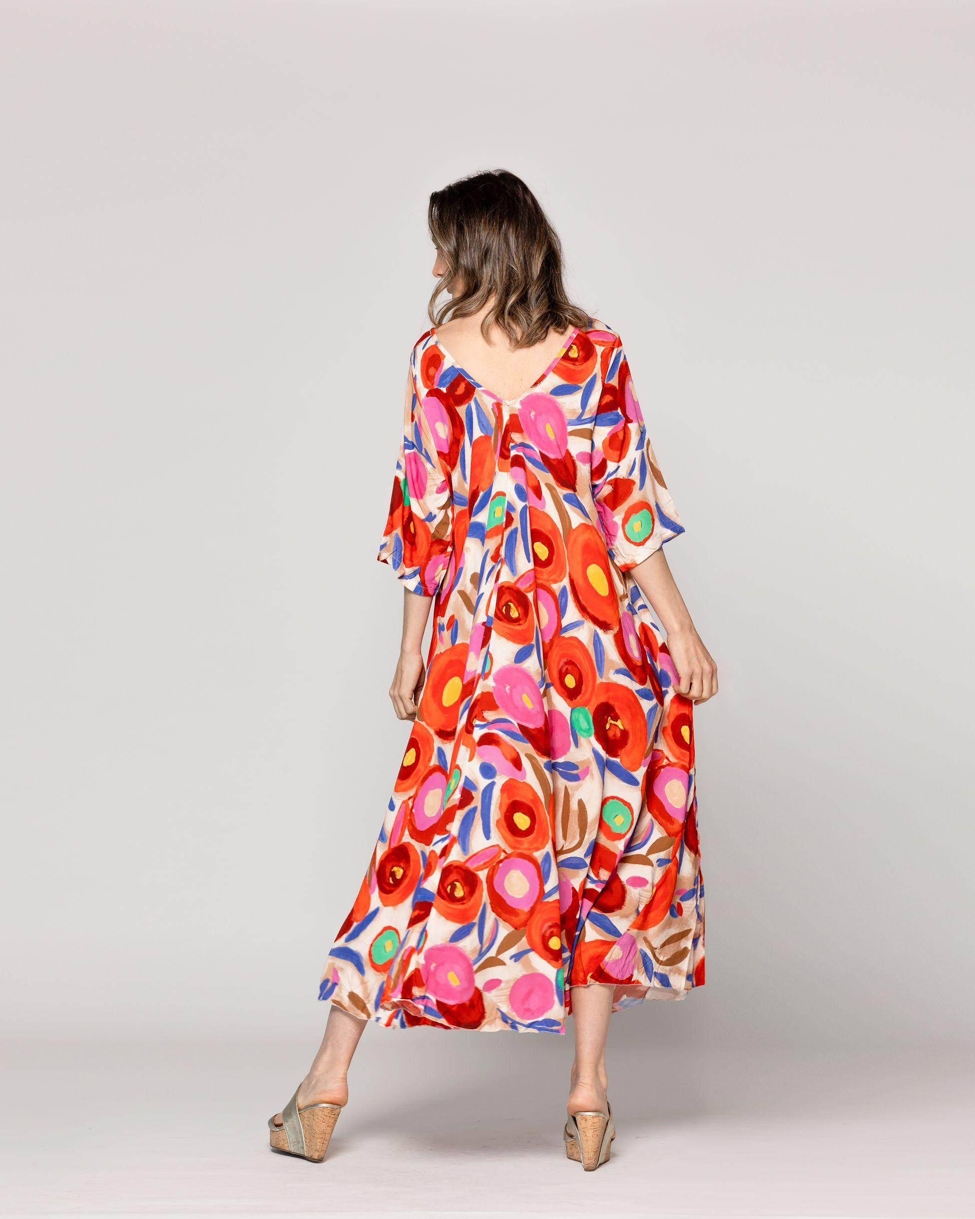 Vestido Mujer Vincenza  Largo Manga Corta Estampado Rojo Lineatre-2