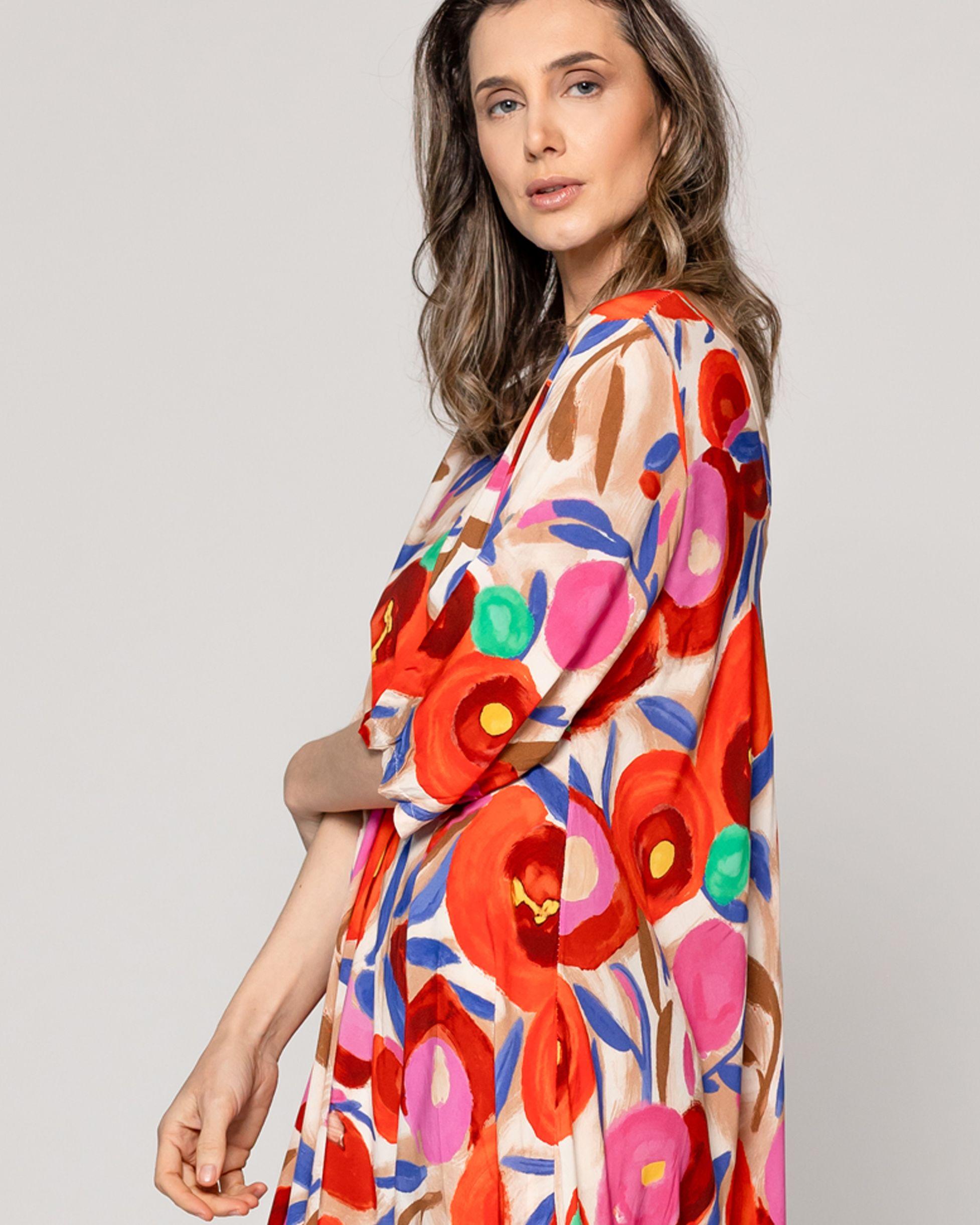 Vestido Mujer Vincenza  Largo Manga Corta Estampado Rojo Lineatre-3