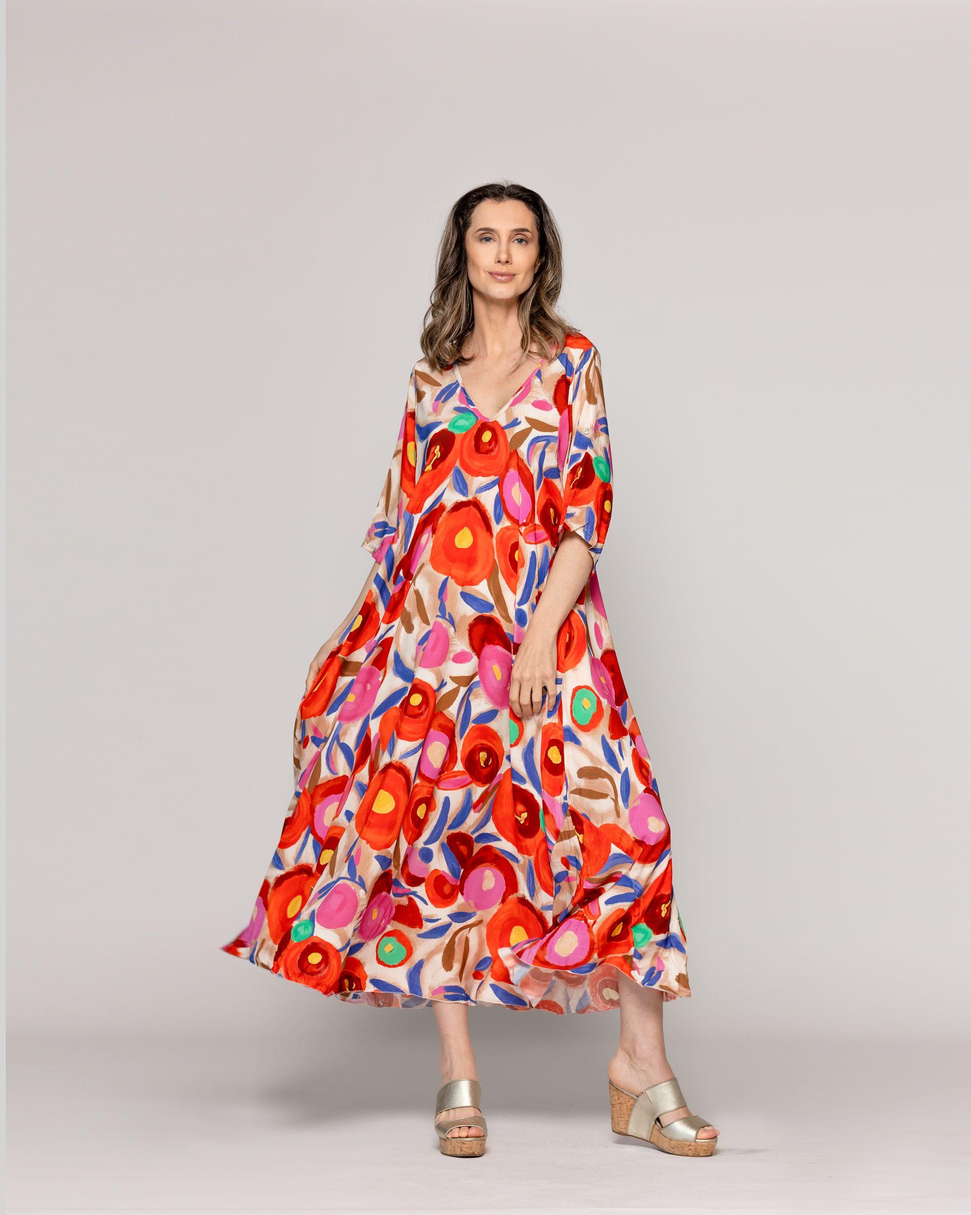 Vestido Mujer Vincenza  Largo Manga Corta Estampado Rojo Lineatre-4