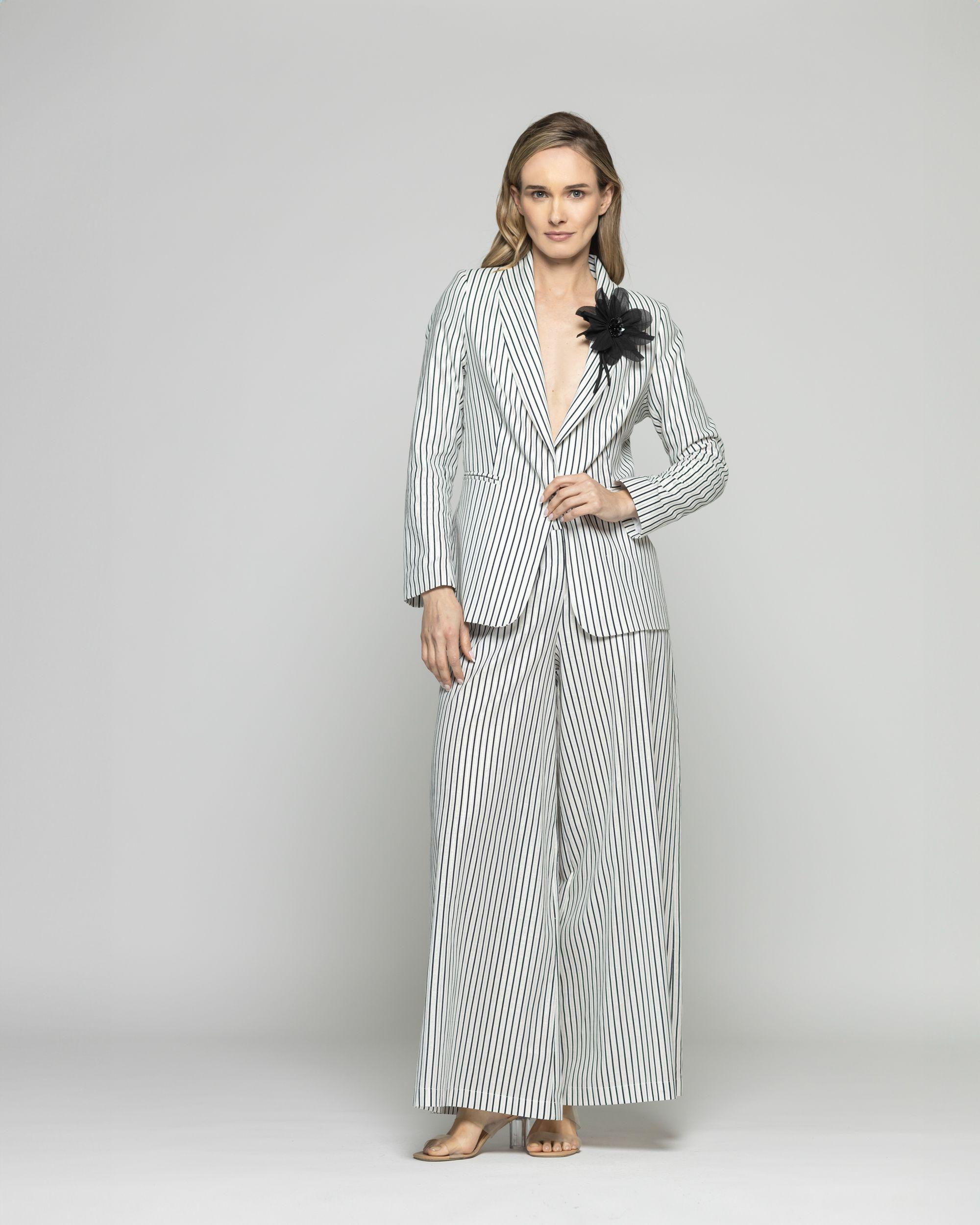 Blazer Mujer Liatris Largo Clásico Algodón Rayas Negro Y Blanco Ludovica-1