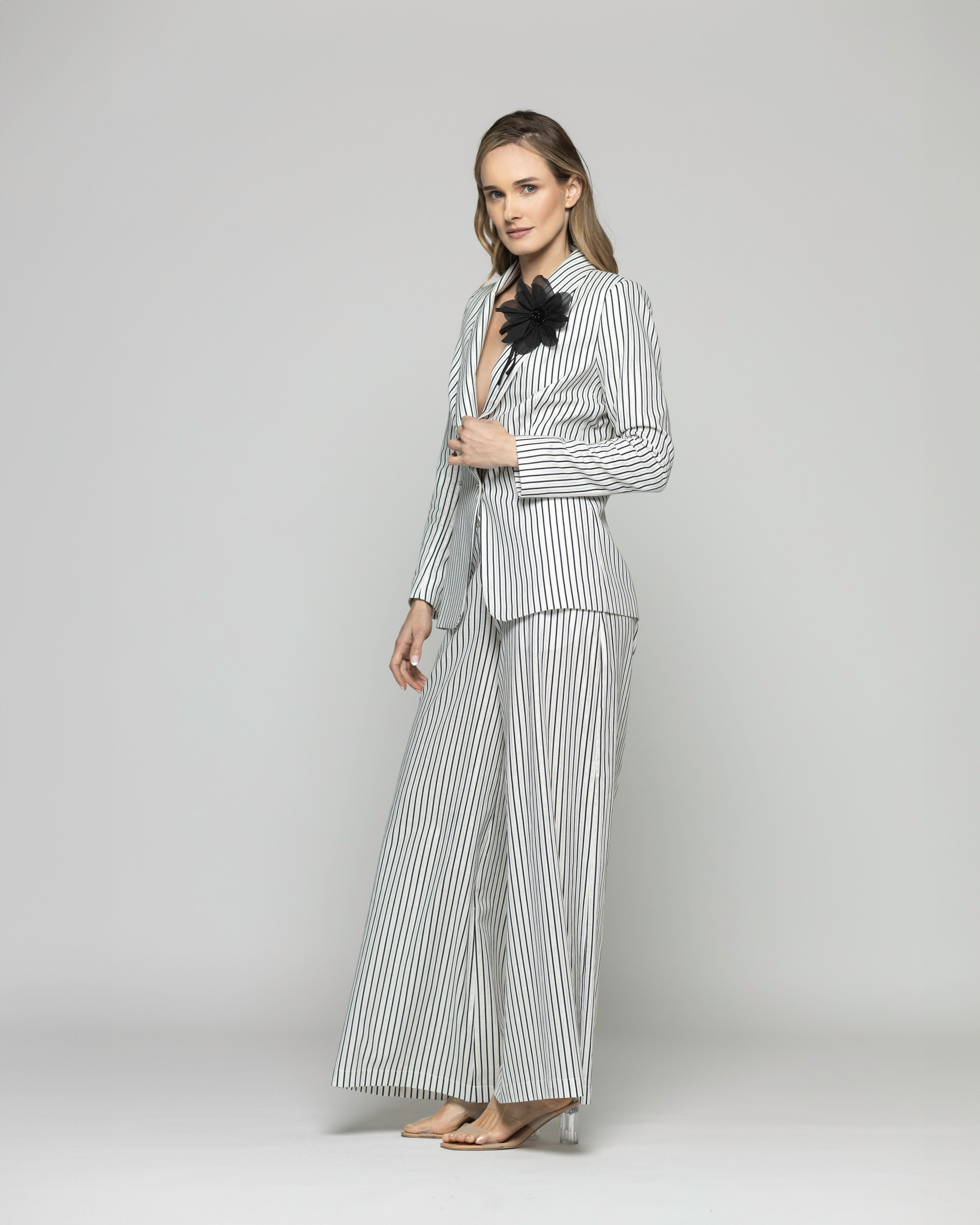 Blazer Mujer Liatris Largo Clásico Algodón Rayas Negro Y Blanco Ludovica-2