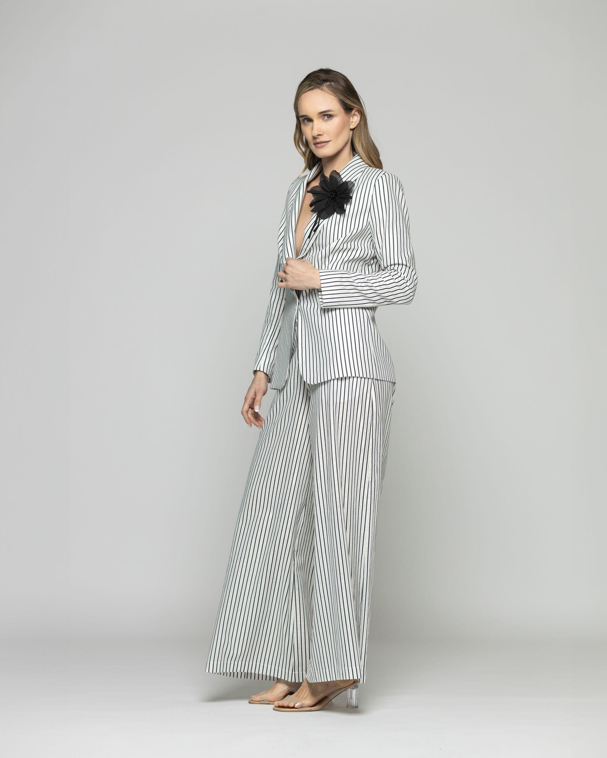 Blazer Mujer Liatris Largo Clásico Algodón Rayas Negro Y Blanco Ludovica-3