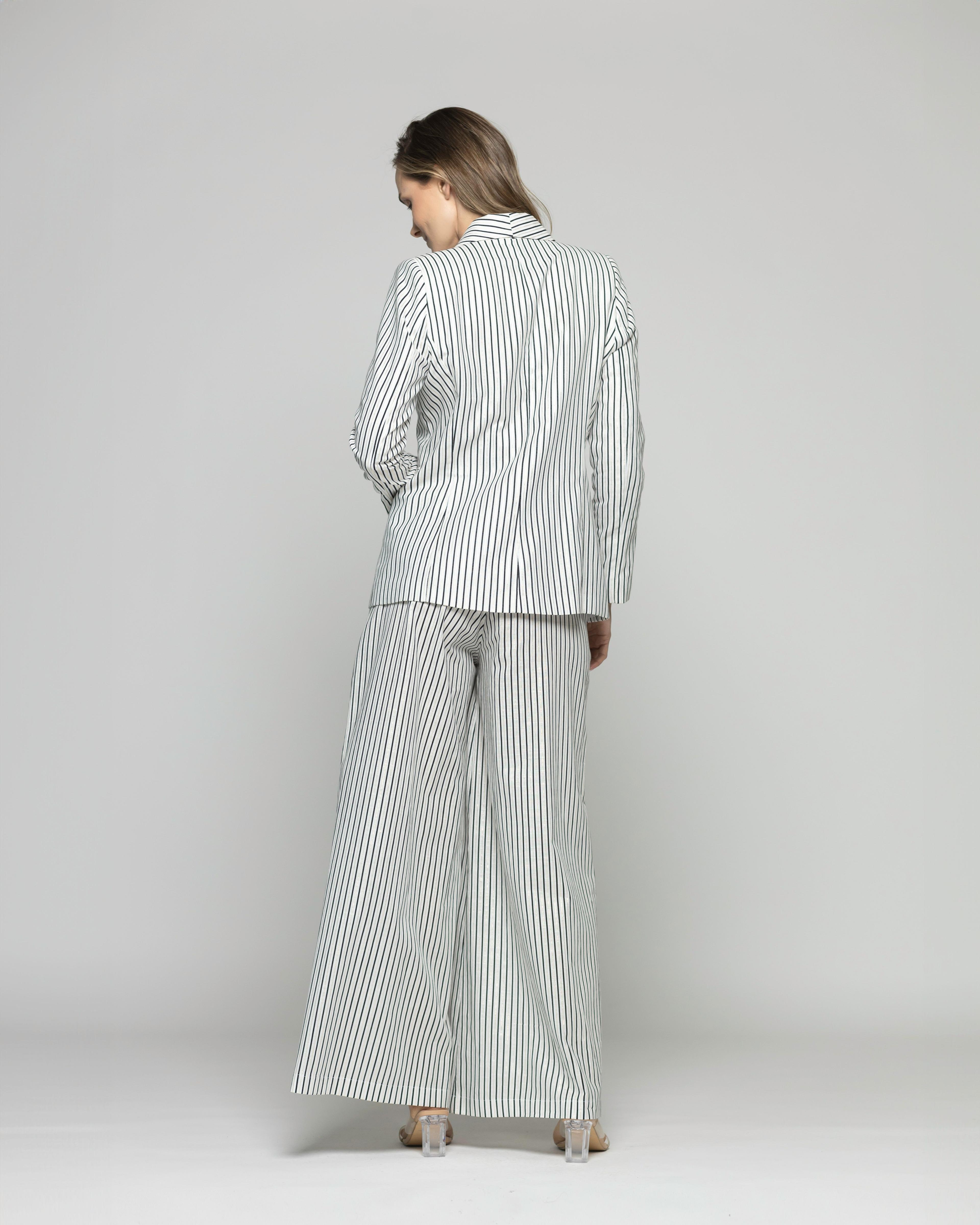 Blazer Mujer Liatris Largo Clásico Algodón Rayas Negro Y Blanco Ludovica-4