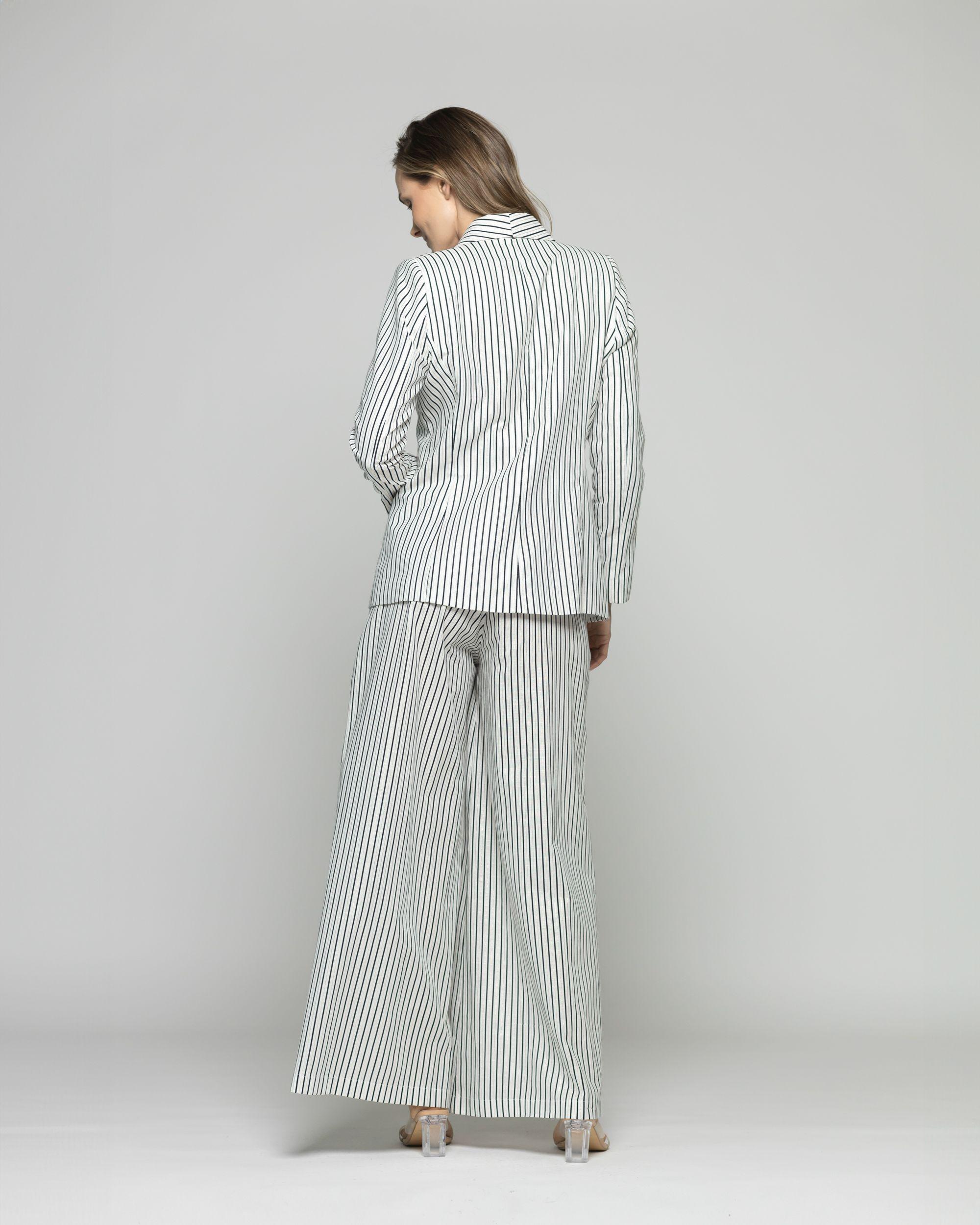 Blazer Mujer Liatris Largo Clásico Algodón Rayas Negro Y Blanco Ludovica-5