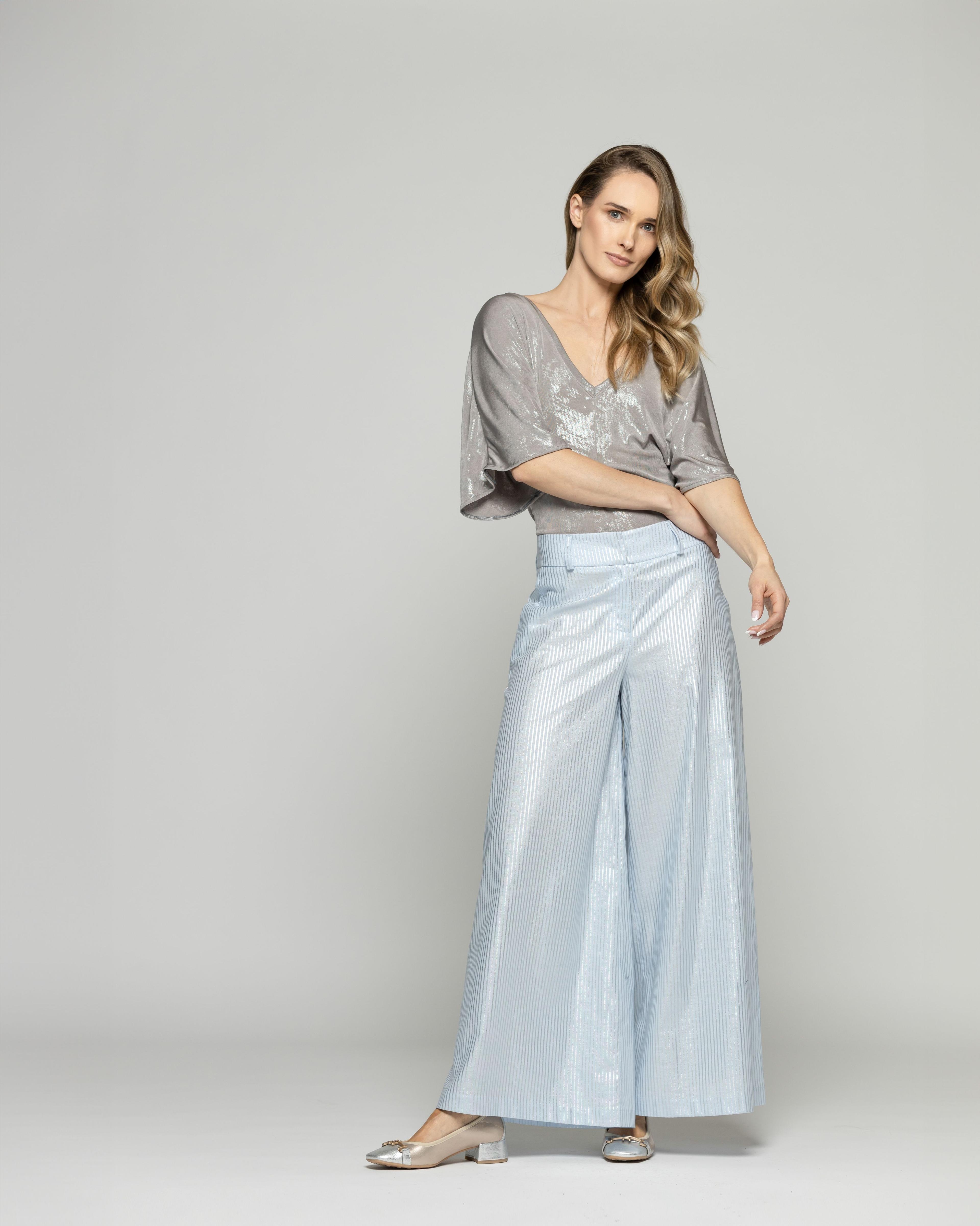 Pantalón Mujer Forsythia Palazzo Algodón Satinado Rayas Celeste Ludovica-5