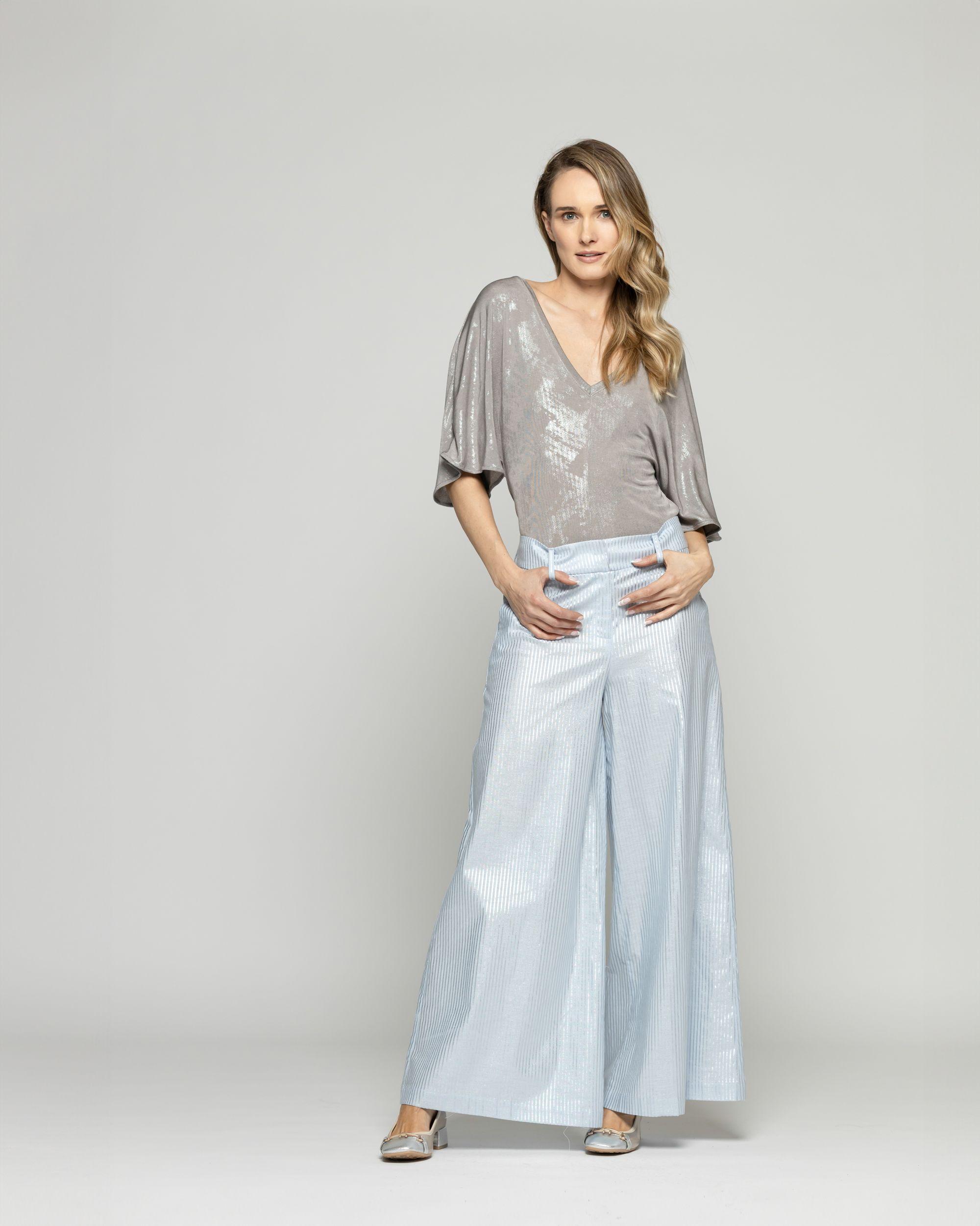 Pantalón Mujer Forsythia Palazzo Algodón Satinado Rayas Celeste Ludovica-1