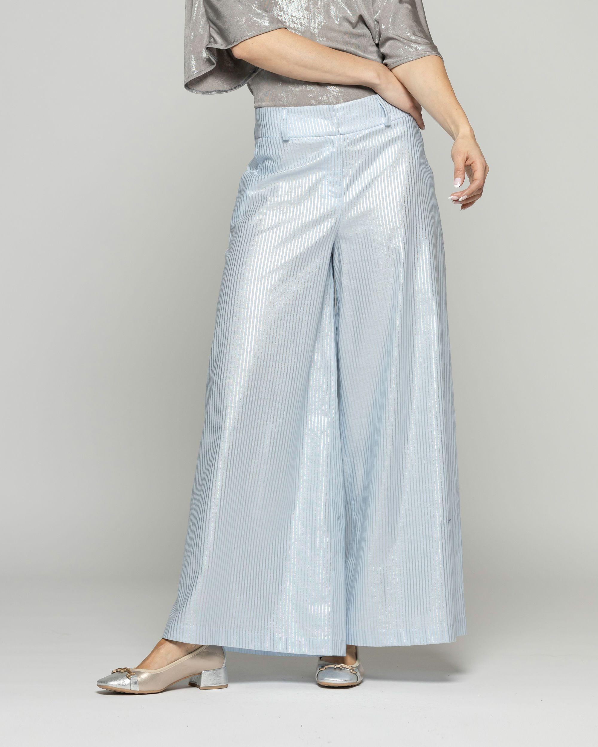 Pantalón Mujer Forsythia Palazzo Algodón Satinado Rayas Celeste Ludovica-2