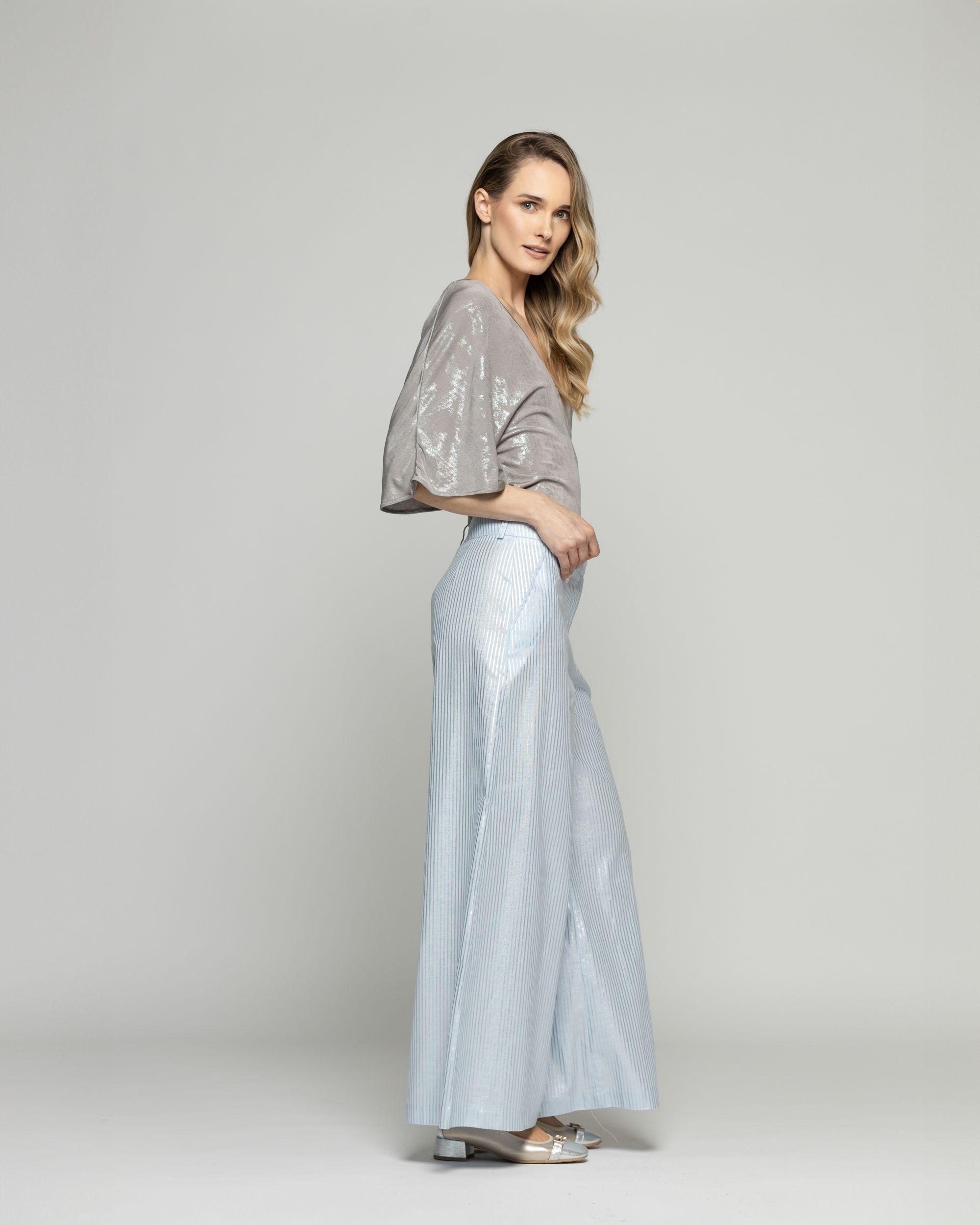 Pantalón Mujer Forsythia Palazzo Algodón Satinado Rayas Celeste Ludovica-4