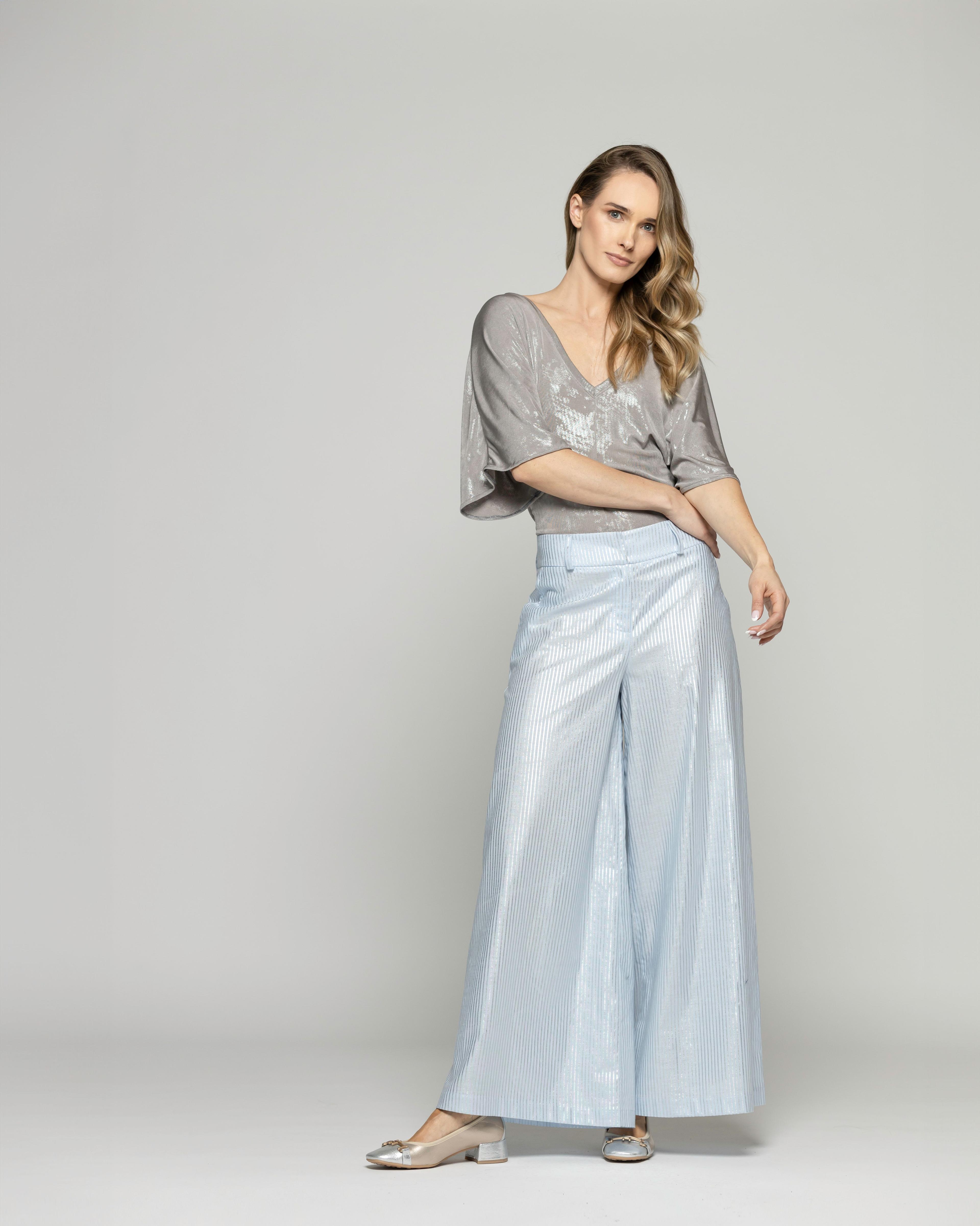 Pantalón Mujer Forsythia Palazzo Algodón Satinado Rayas Celeste Ludovica-6