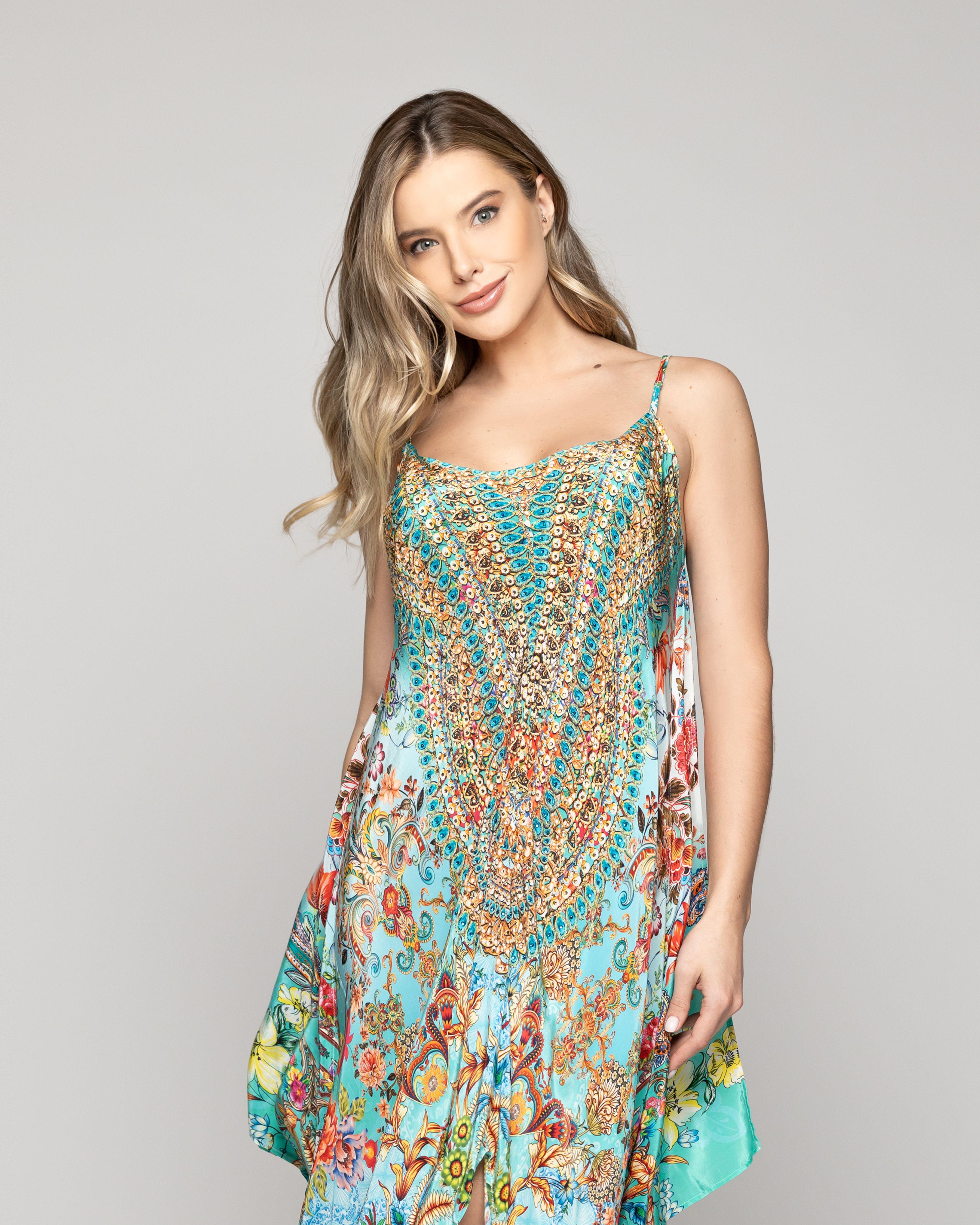 Vestido Mujer Vera Estampado Con Lentejuelas Chic Verde Turquesa Lineatre-0