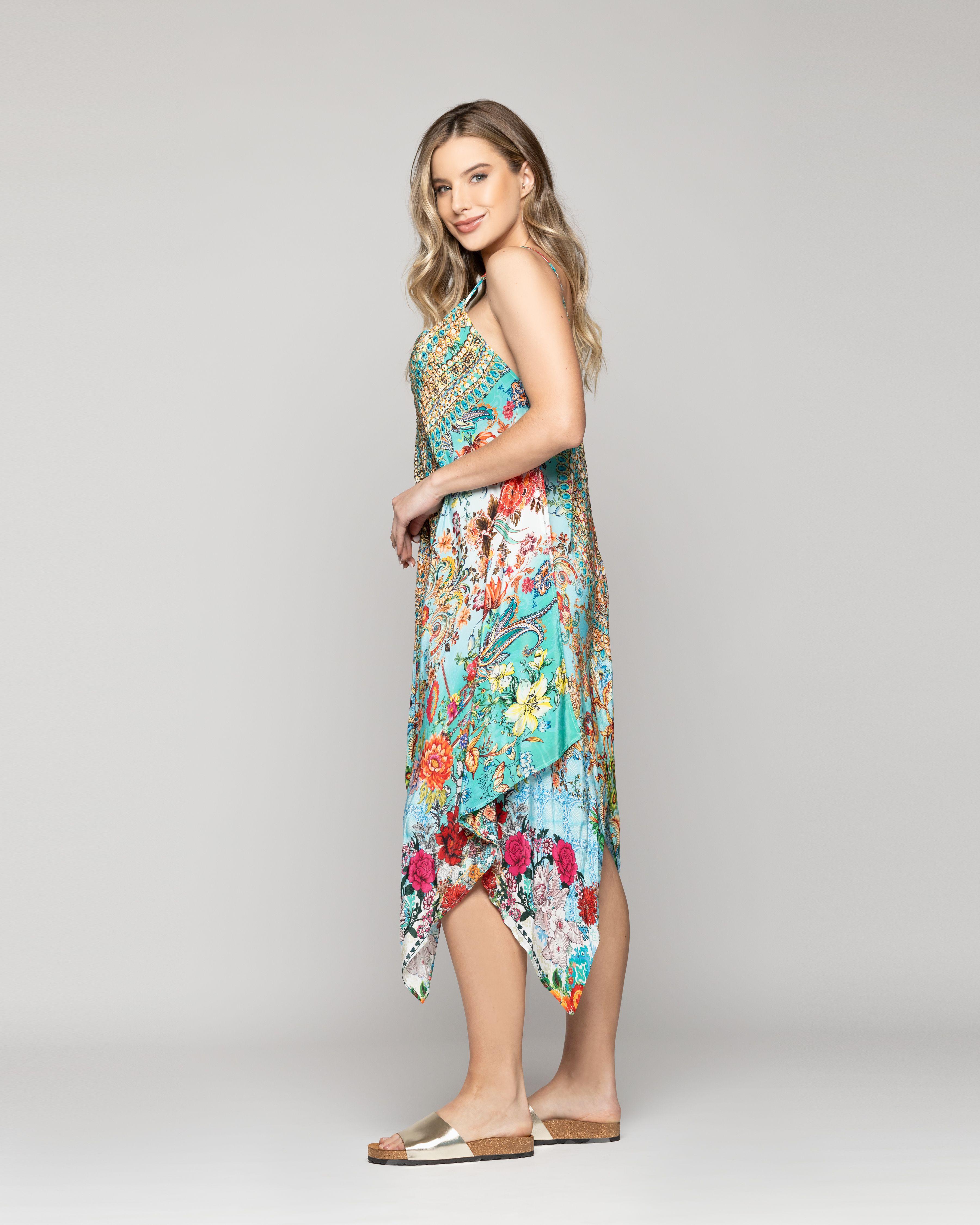 Vestido Mujer Vera Estampado Con Lentejuelas Chic Verde Turquesa Lineatre-1