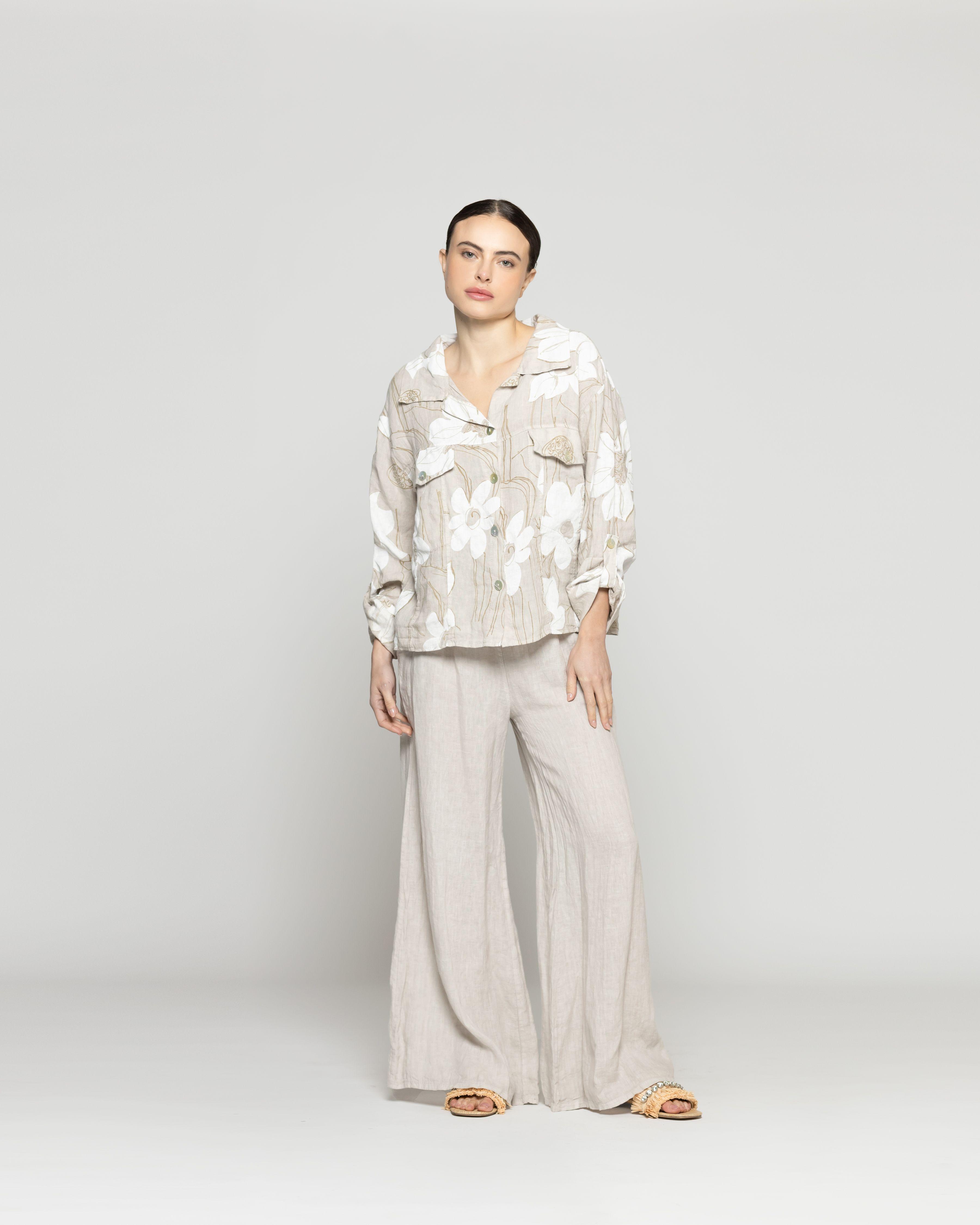 Chaqueta Mujer Carmen De Lino Con Estampado Floral Beige Lineatre-4
