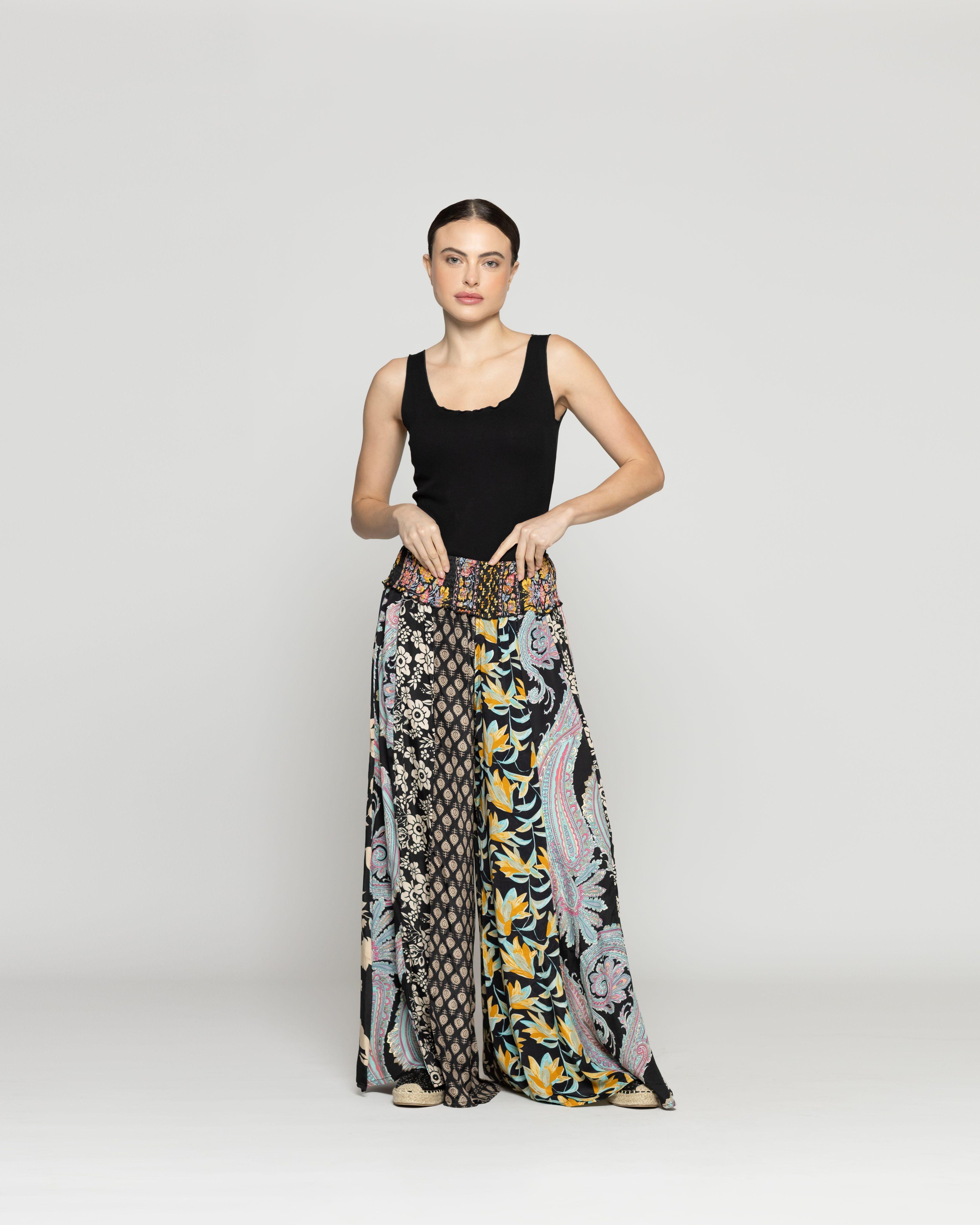 Pantalón Mujer Palazzo Palmira Estampados Tipo Parche Negro Lineatre-0