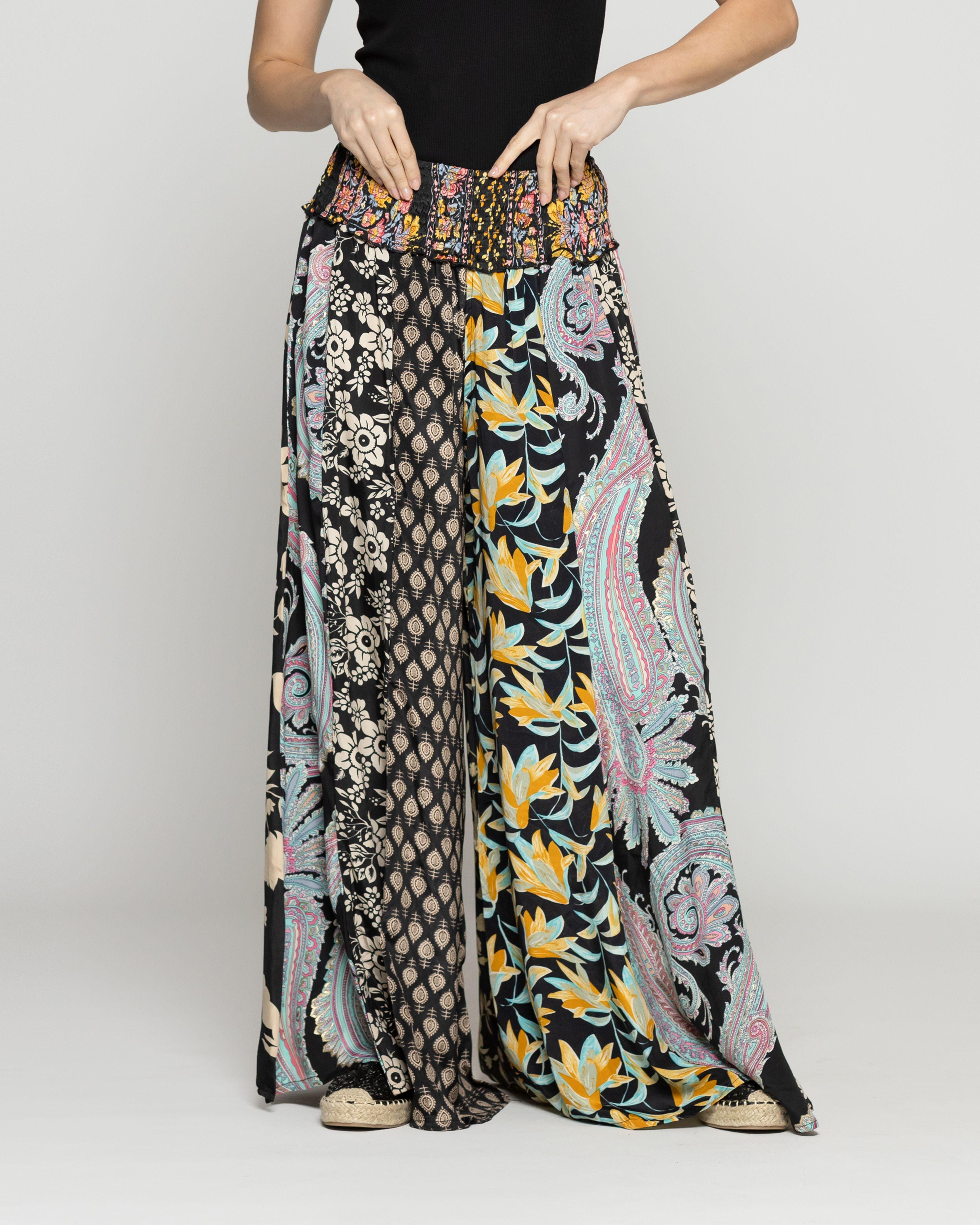Pantalón Mujer Palazzo Palmira Estampados Tipo Parche Negro Lineatre-1