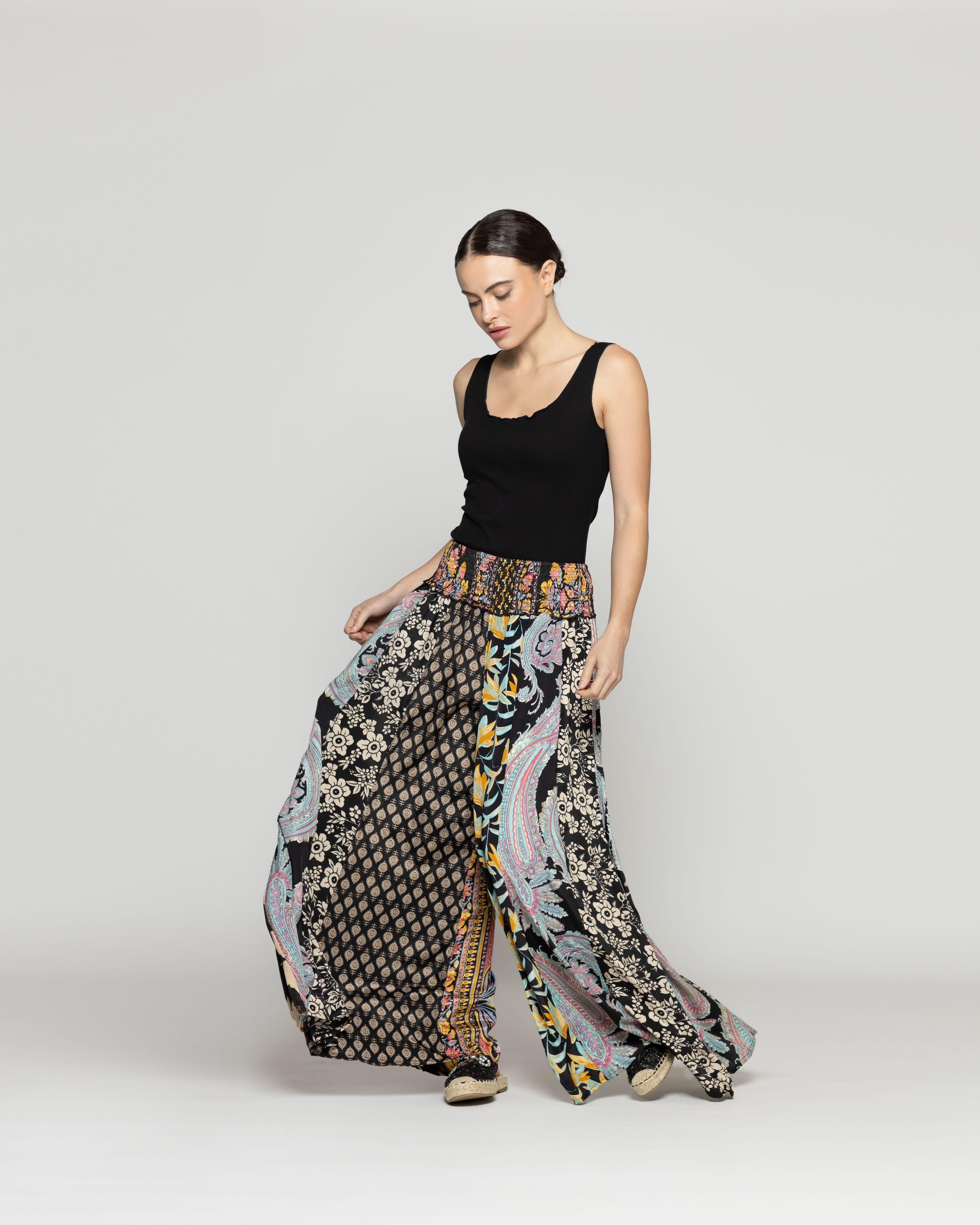 Pantalón Mujer Palazzo Palmira Estampados Tipo Parche Negro Lineatre-2