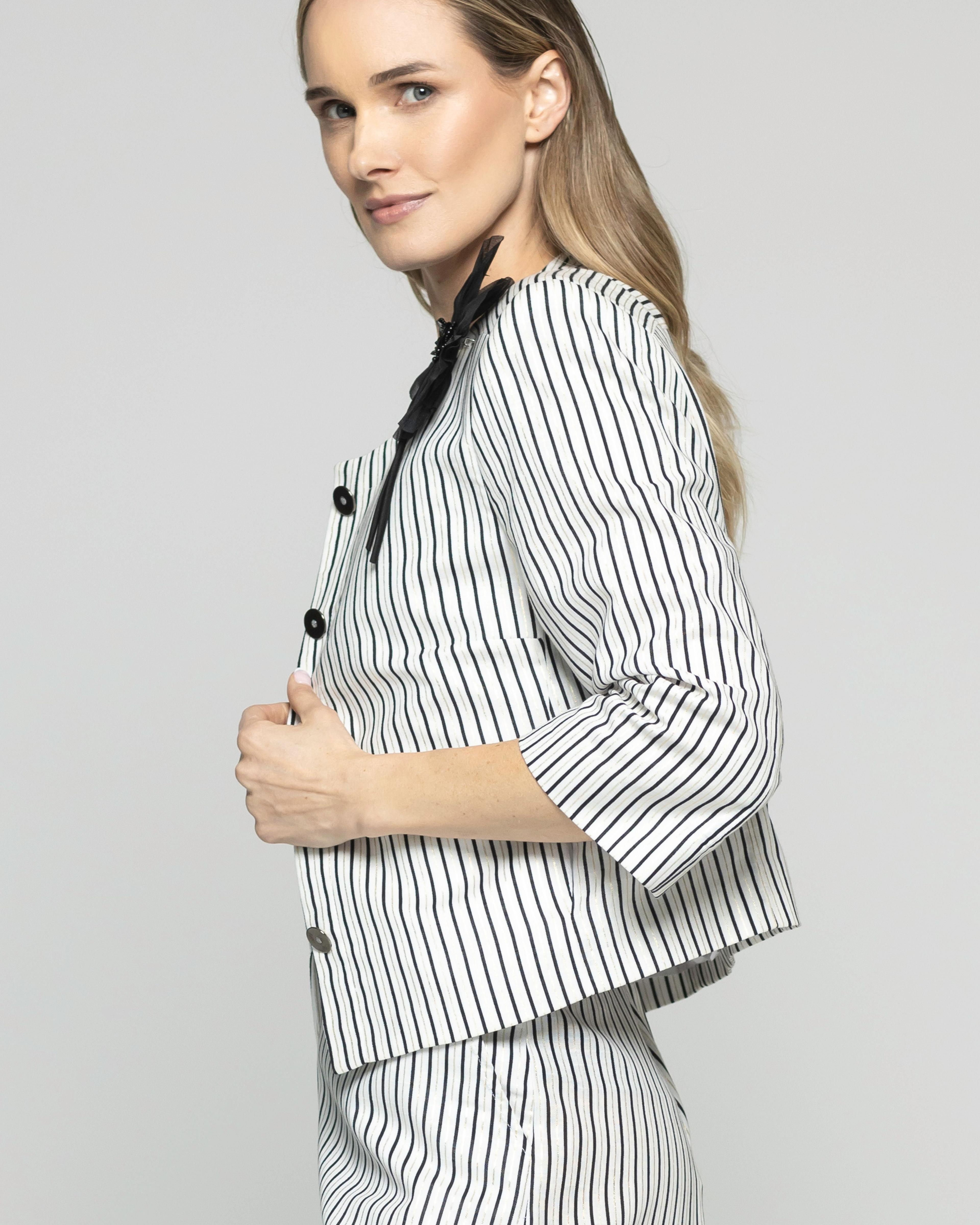 Blazer Mujer Liatris Corto Escote Redondo Algodón Manga 3/4 Rayas Negro Y Blanco Ludovica-6