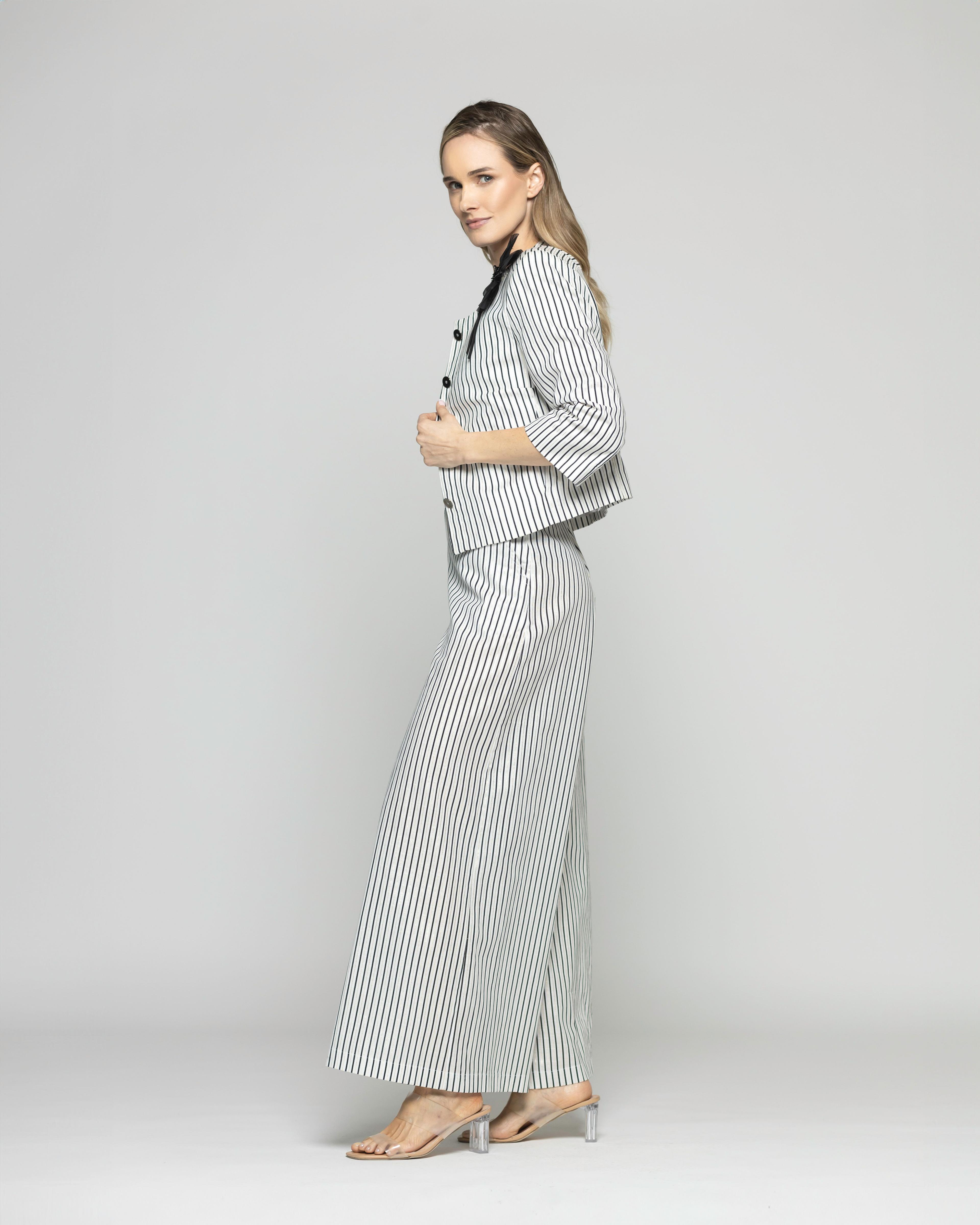 Blazer Mujer Liatris Corto Escote Redondo Algodón Manga 3/4 Rayas Negro Y Blanco Ludovica-2