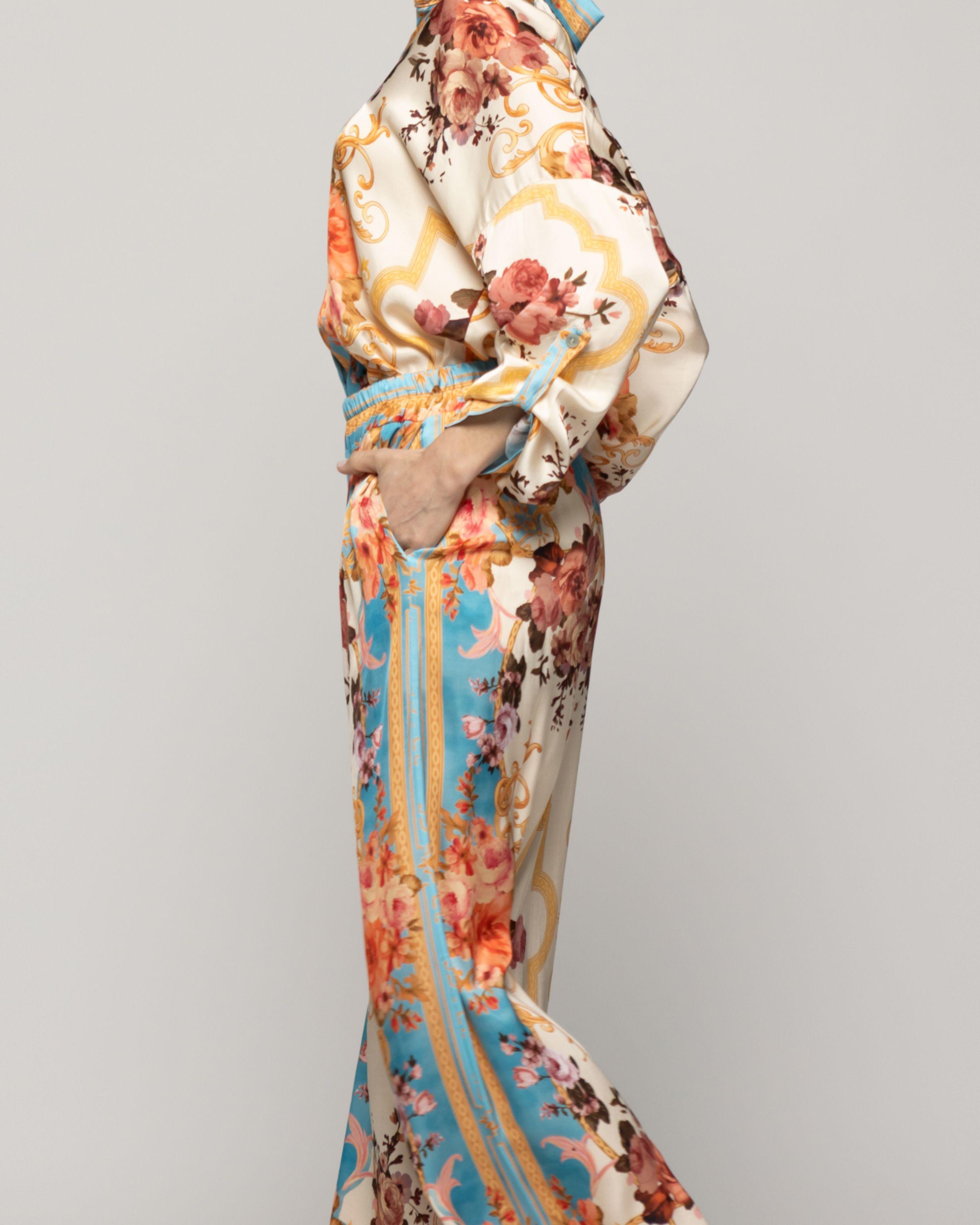 Pantalón Mujer Brenna Satinado Estampado Barroco Celeste Lineatre-3