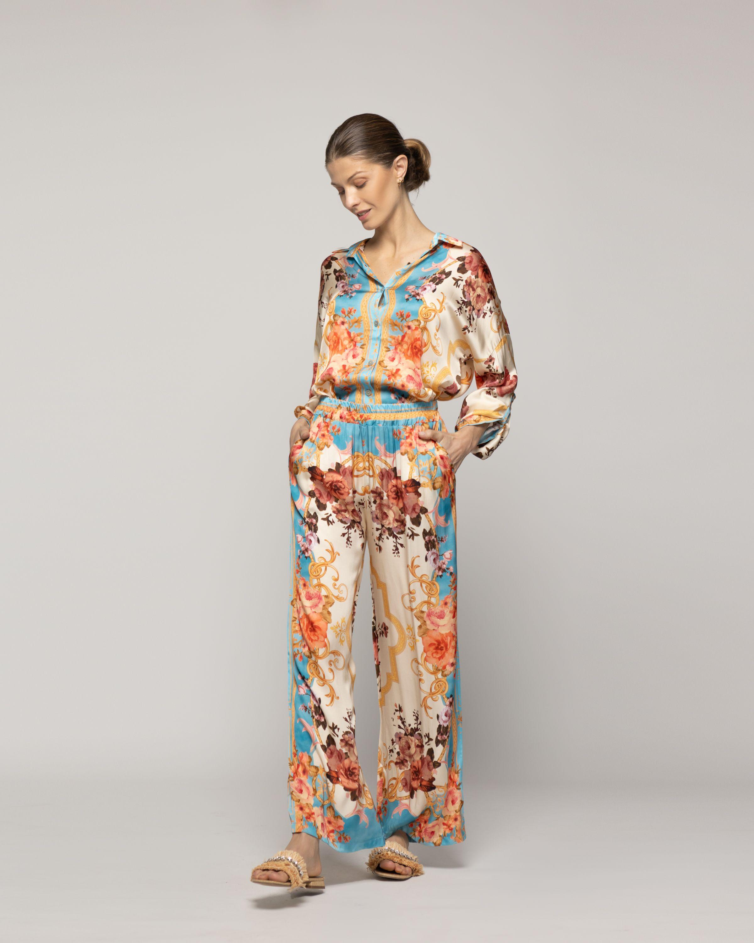 Pantalón Mujer Brenna Satinado Estampado Barroco Celeste Lineatre-4