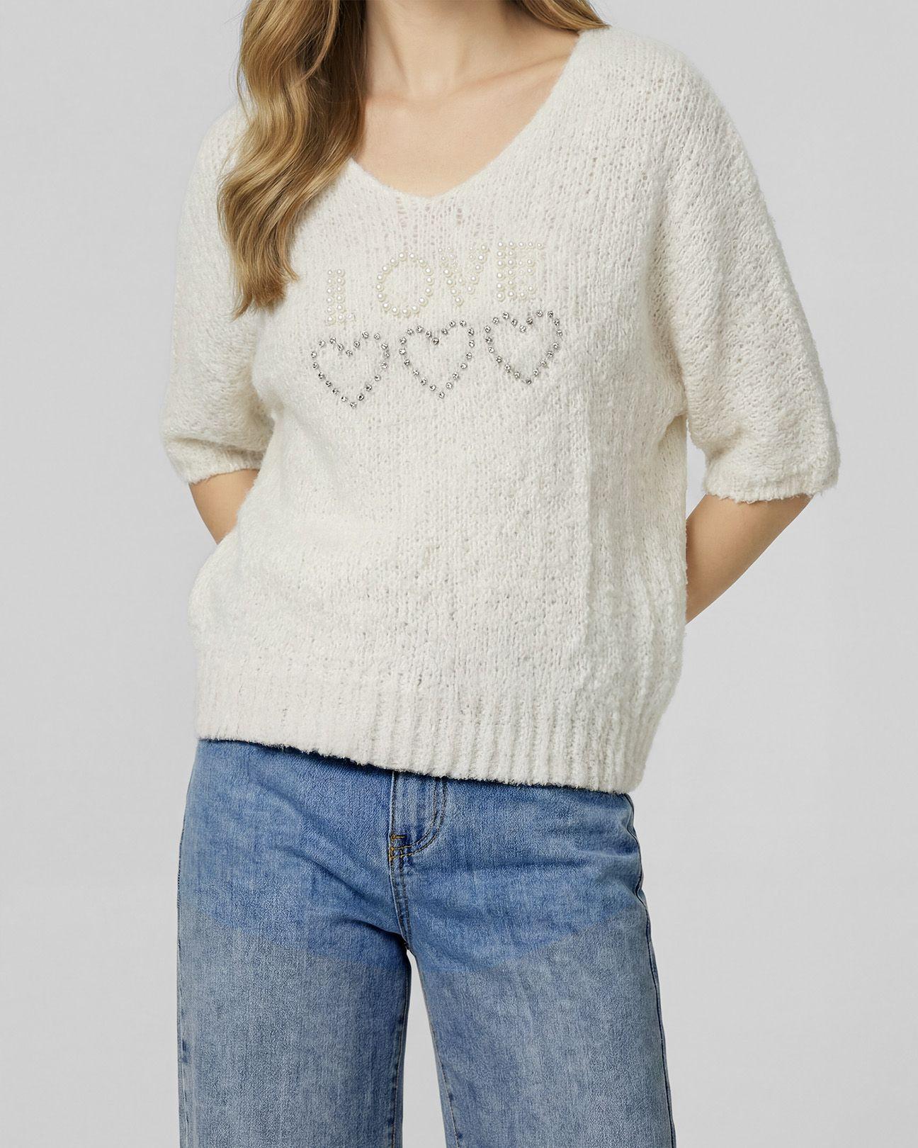 Sweater Mujer Anna Relaxed Cuello En V Manga Caída Crudo Lineatre-2