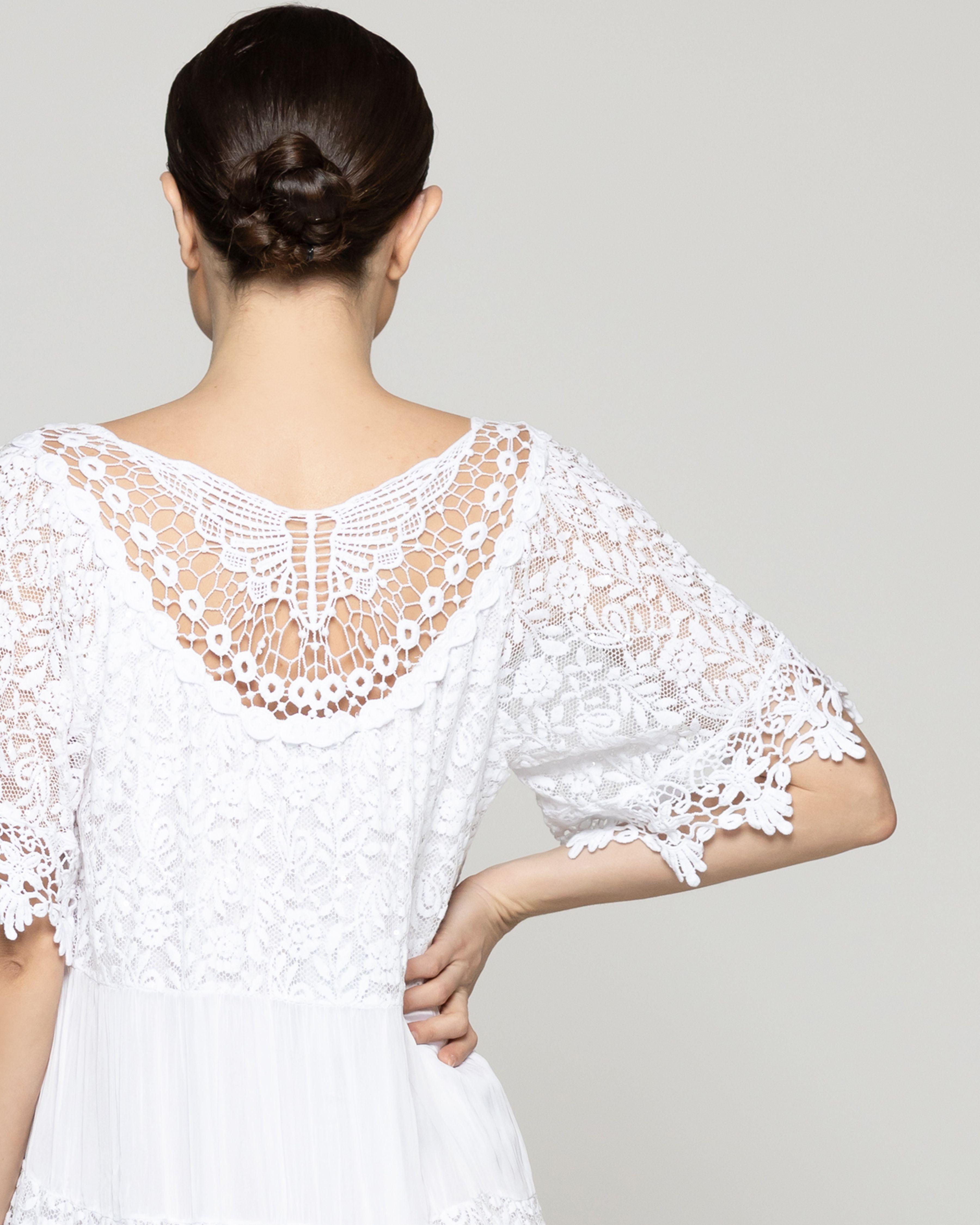 Vestido Mujer Viola Largo Midi Y Manga Corta Con Encaje Blanco Lineatre-2