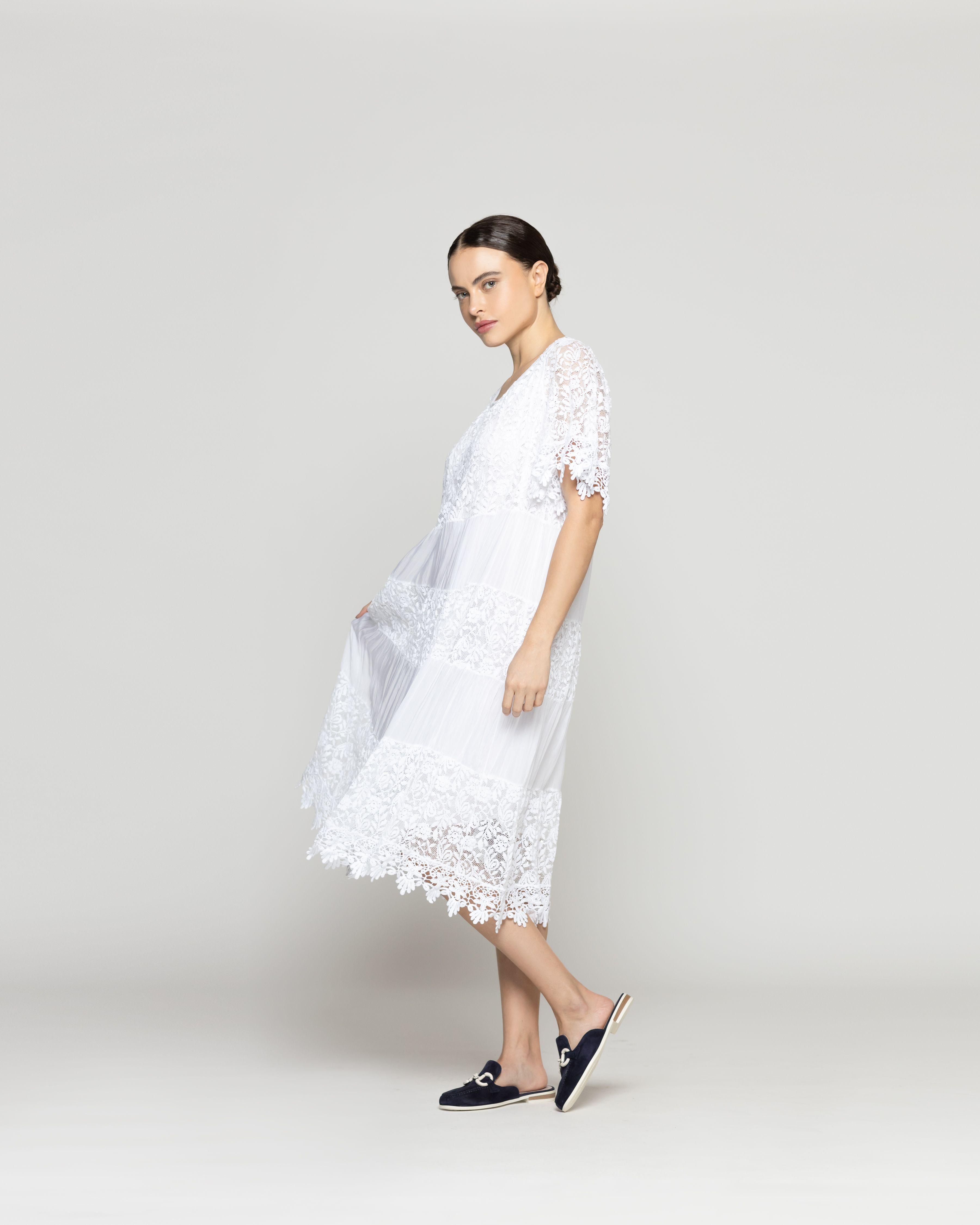 Vestido Mujer Viola Largo Midi Y Manga Corta Con Encaje Blanco Lineatre-3