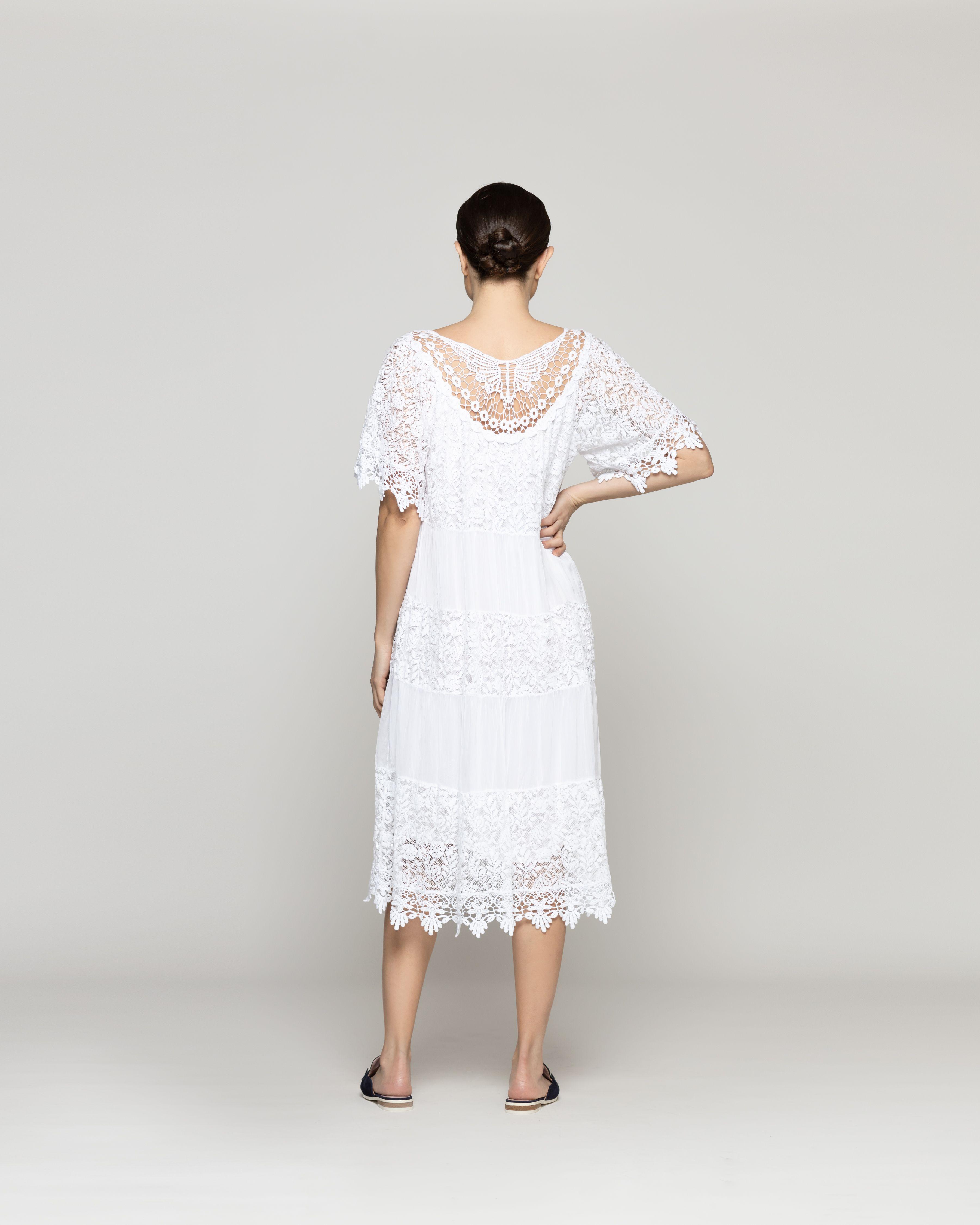 Vestido Mujer Viola Largo Midi Y Manga Corta Con Encaje Blanco Lineatre-4