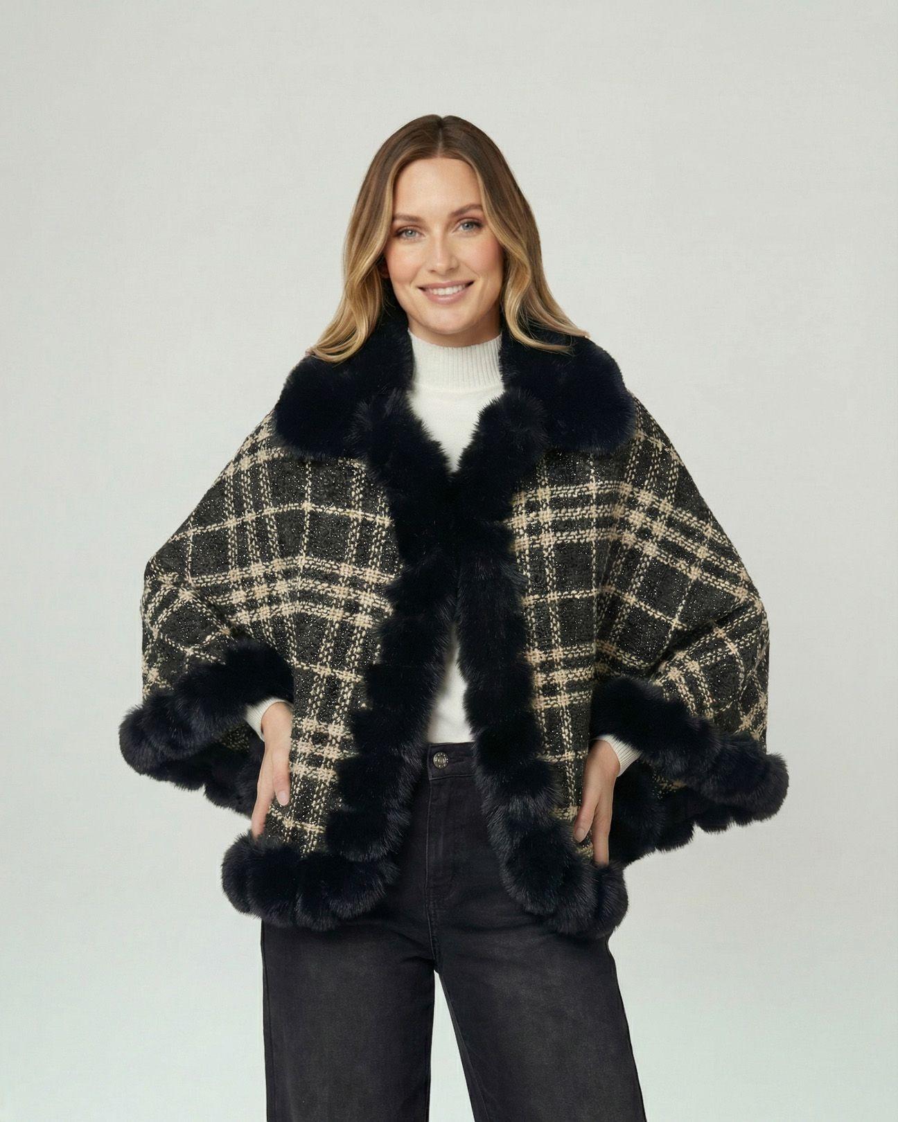 Poncho Mujer Anita Overside Cuello Tipo Kimono  Manga Tipo Poncho Negro Lineatre-0