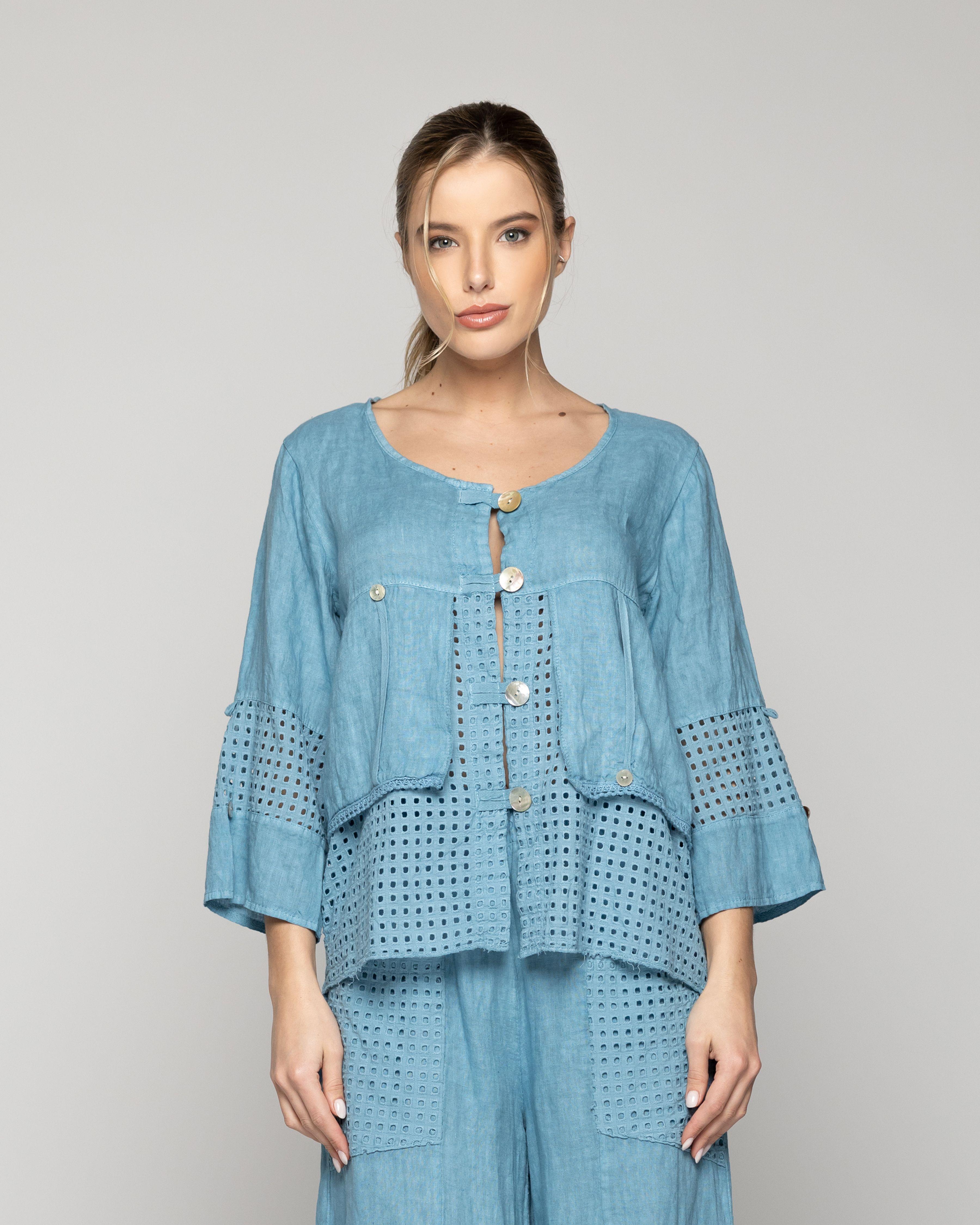 Chaqueta Mujer Celestina De Lino Con Botones Y Detalles Calados Azul Lineatre-0