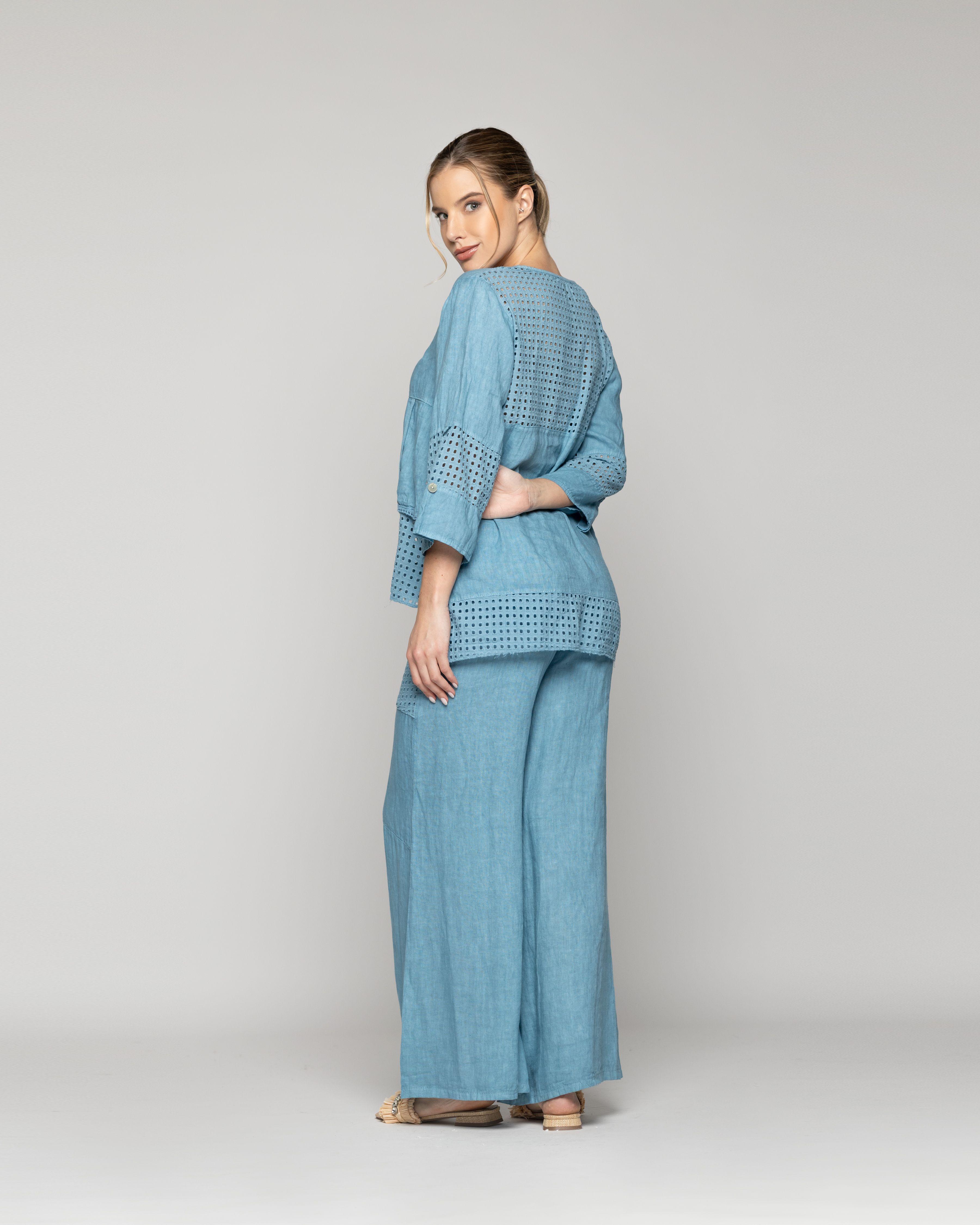Chaqueta Mujer Celestina De Lino Con Botones Y Detalles Calados Azul Lineatre-2