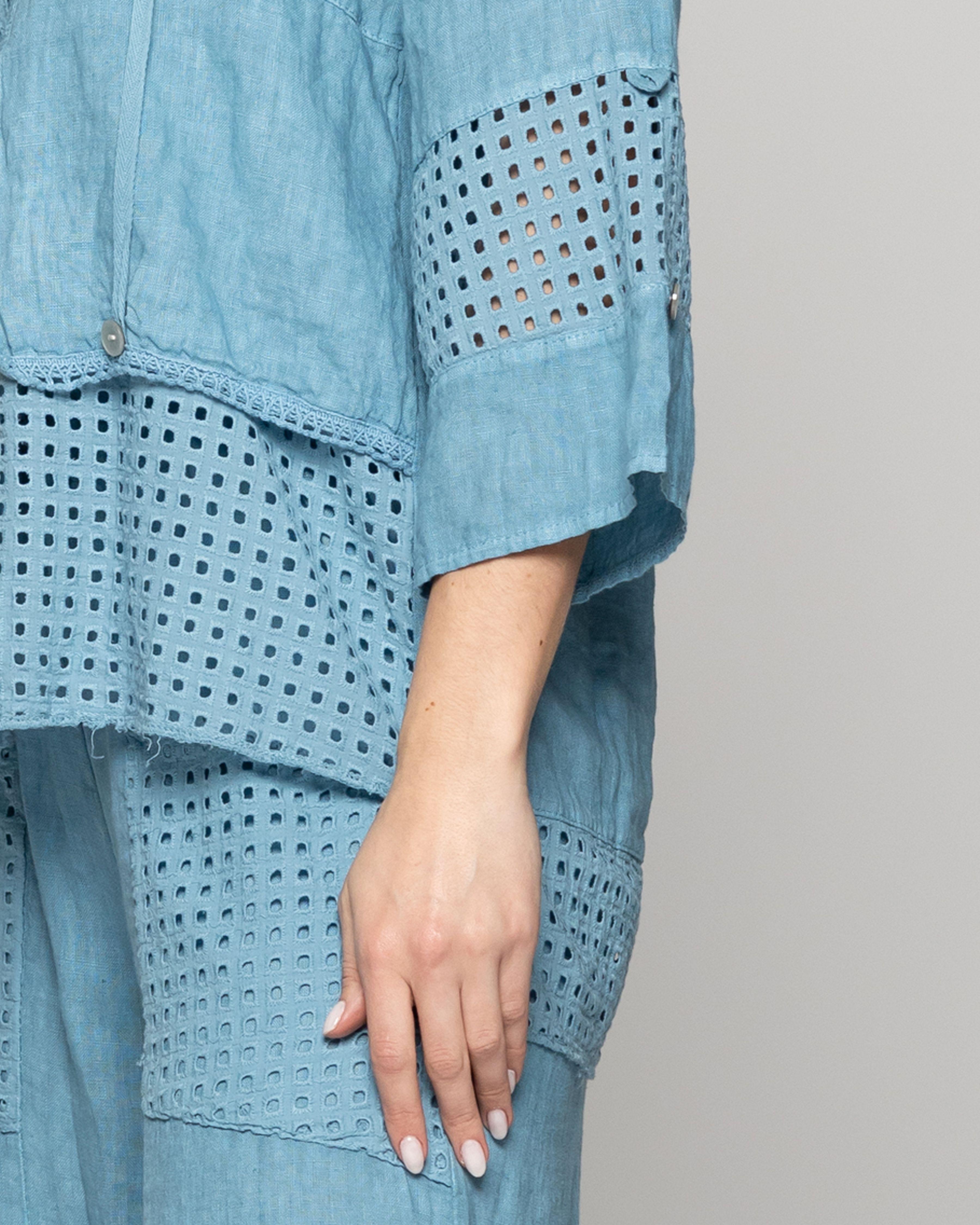 Chaqueta Mujer Celestina De Lino Con Botones Y Detalles Calados Azul Lineatre-3