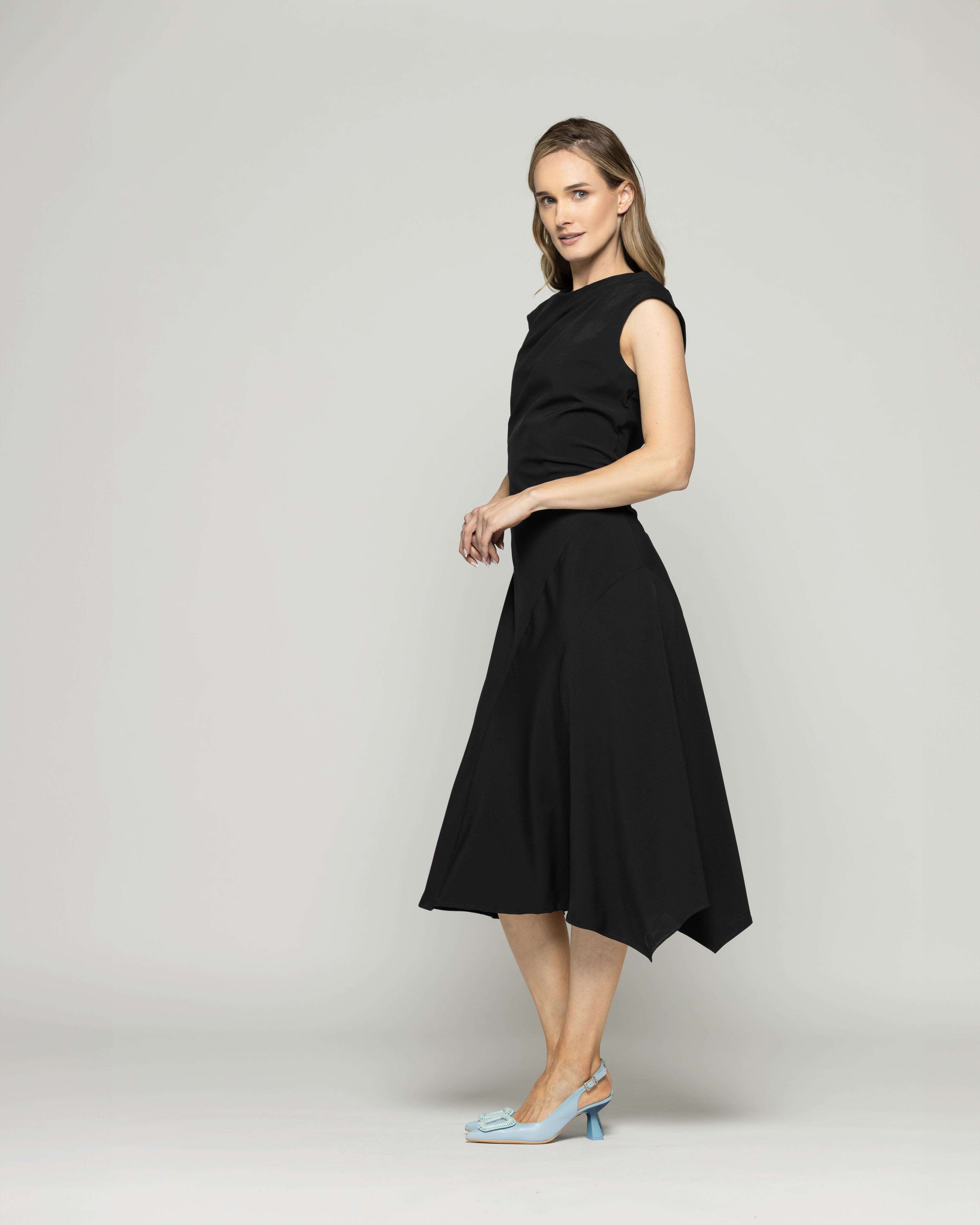 Vestido Mujer Yareta Midi Escote Redondo Hombro Drapeado Liso Negro Ludovica-4