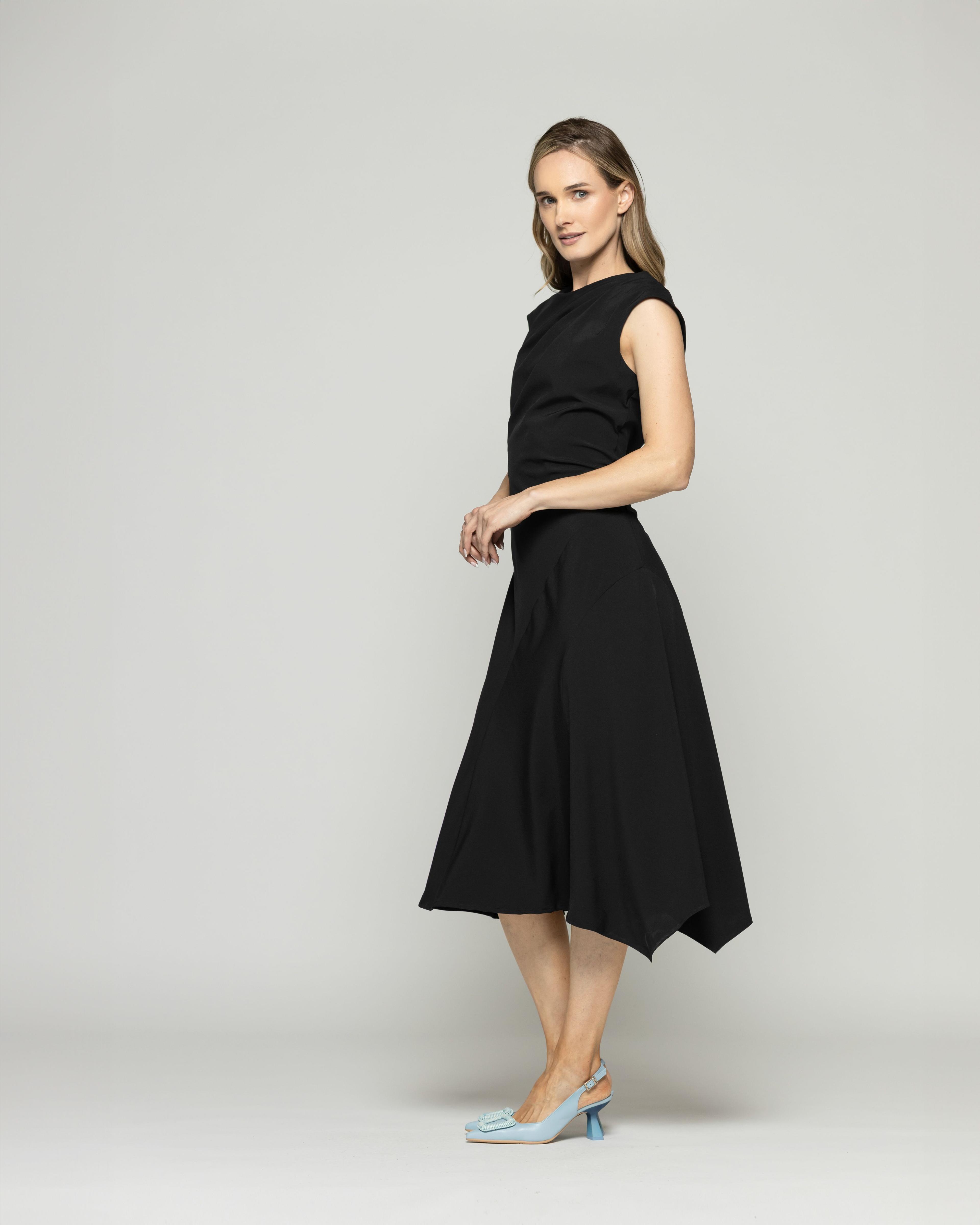Vestido Mujer Yareta Midi Escote Redondo Hombro Drapeado Liso Negro Ludovica-5
