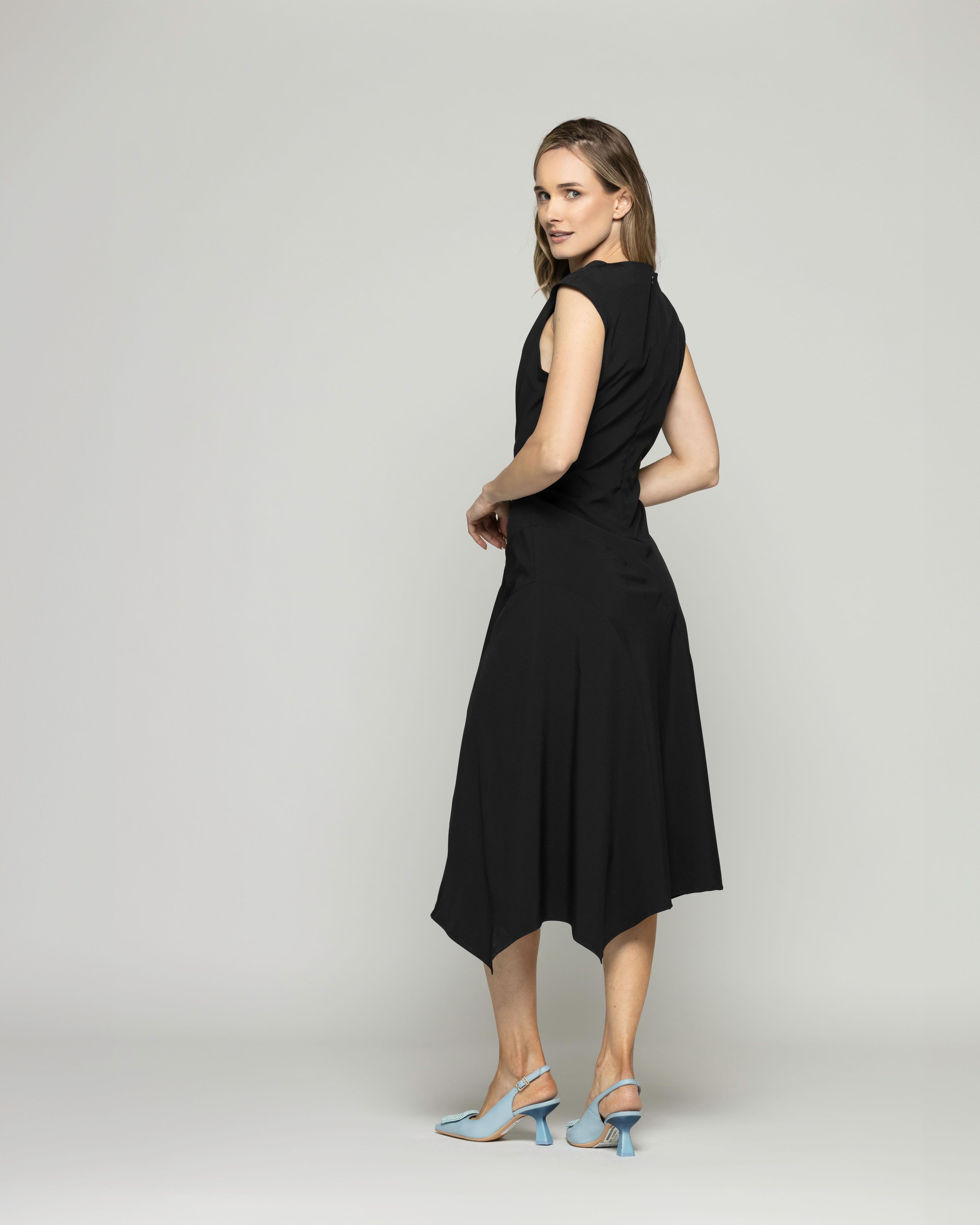 Vestido Mujer Yareta Midi Escote Redondo Hombro Drapeado Liso Negro Ludovica-6